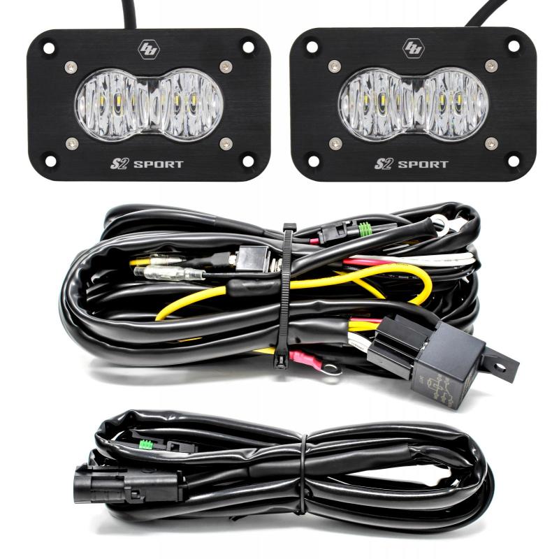 Baja Designs S2 Sport Flush Mount LED work light kit with clear lens, featuring two lights and wiring harness for installation.