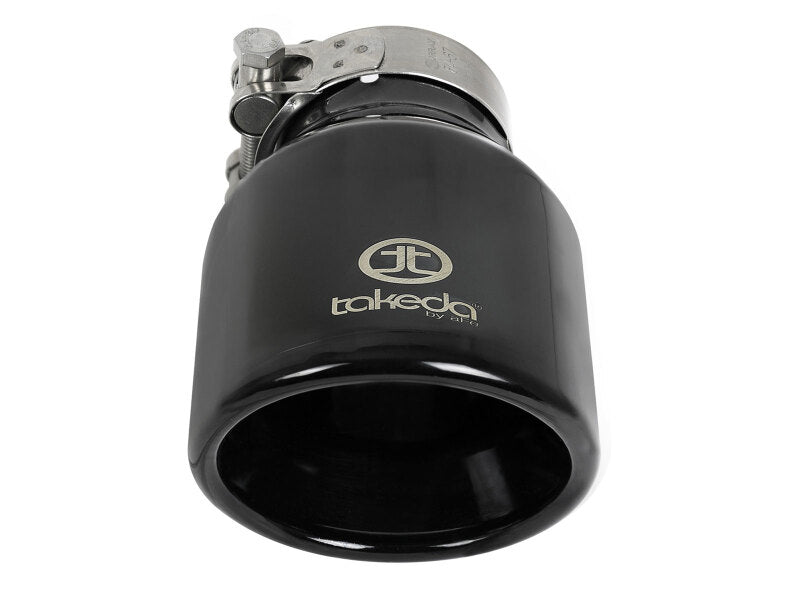 Black afe Takeda universal exhaust tip with a 2-1/2 inch inlet, 4 inch outlet, and 6 inch length, featuring a clamp.
