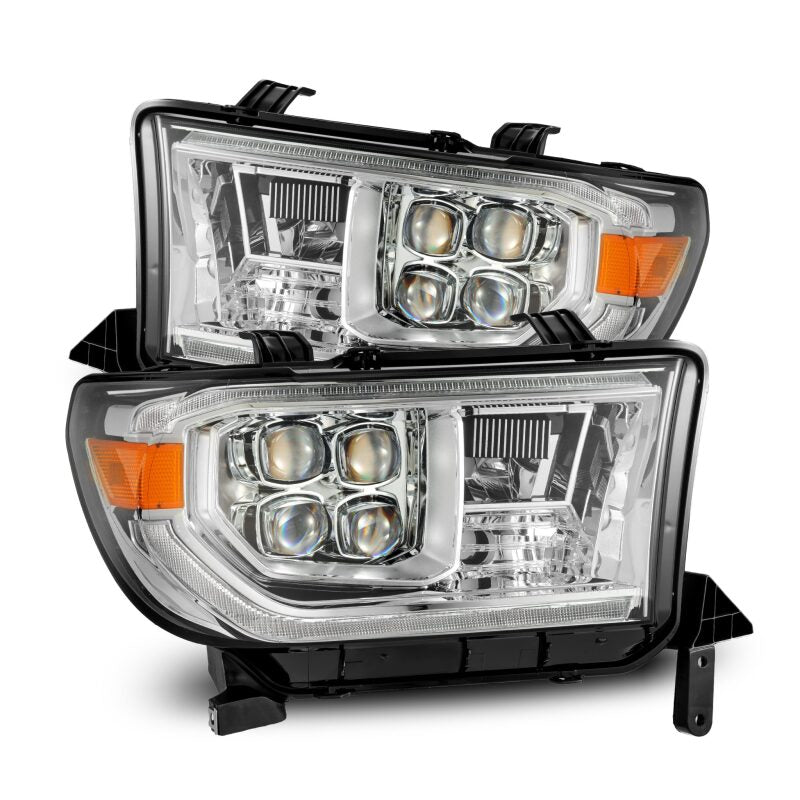 AlphaRex NOVA LED projector headlights for 07-13 Toyota Tundra and 08-17 Sequoia with chrome finish and sequential signal lights.