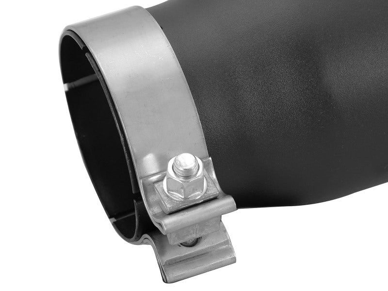 afe MACH Force-Xp universal exhaust tip with a 3-1/2 inch inlet, 4-1/2 inch outlet, and 12 inch length, featuring a metal clamp.