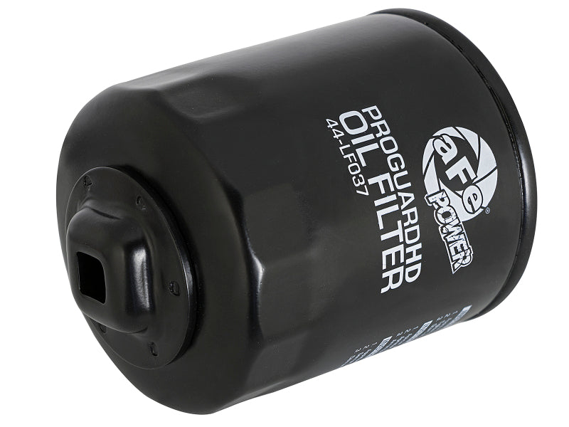 aFe PROGUARD oil filter featuring a black cylindrical design with clear labeling for easy identification.
