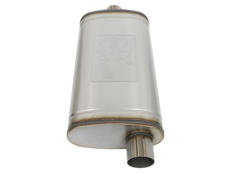 Afe MACH Force-Xp oval muffler with 3-inch inlet, 11-inch width, 5-inch height, and 22-inch length for enhanced exhaust flow.