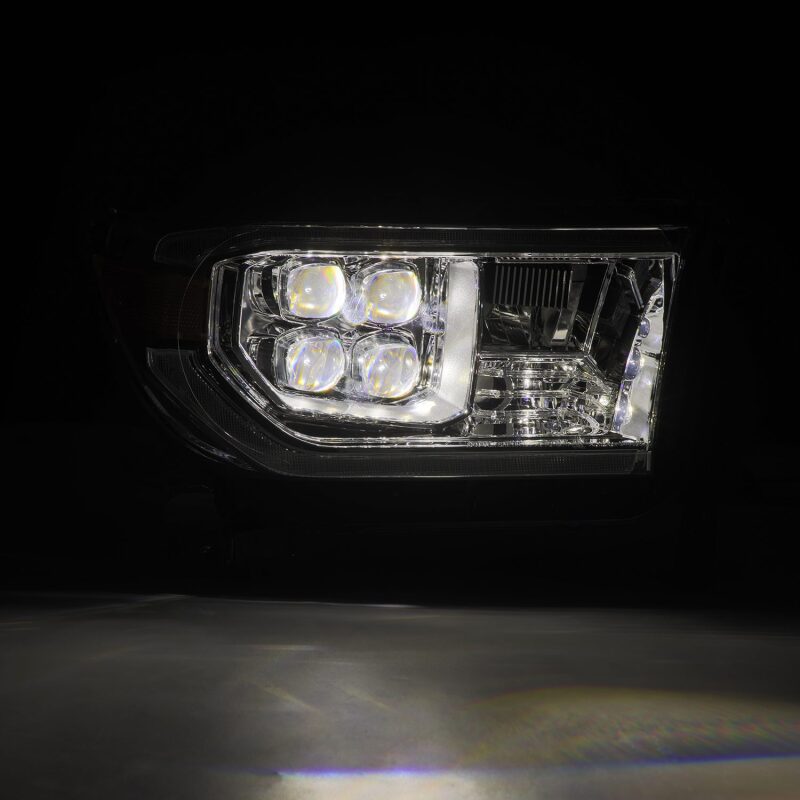 AlphaRex NOVA LED projector headlights for 07-13 Toyota Tundra and 08-17 Sequoia with chrome finish and sequential signal lights.