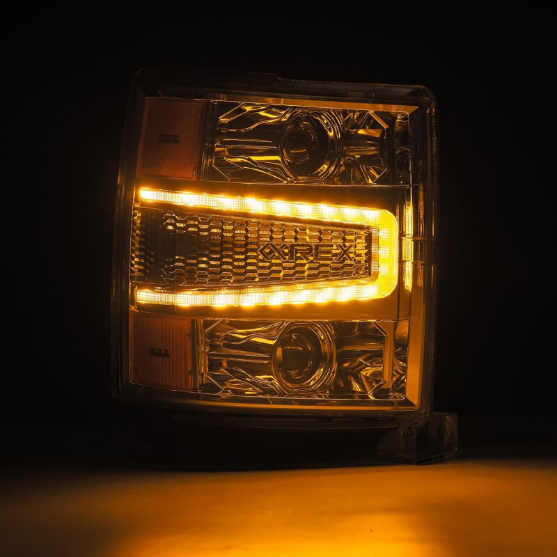 AlphaRex LUXX LED projector headlights for 04-15 Chevy 1500HD with sequential activation and chrome finish.