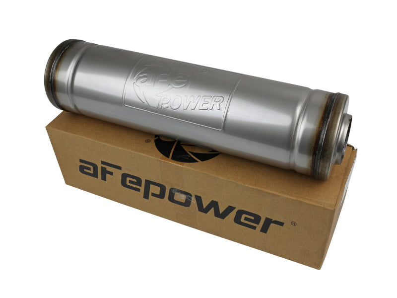 afe MACH Force-Xp round muffler with 2-1/2 inch ID, 5 inch diameter, and 18 inch length, displayed on a branded box.