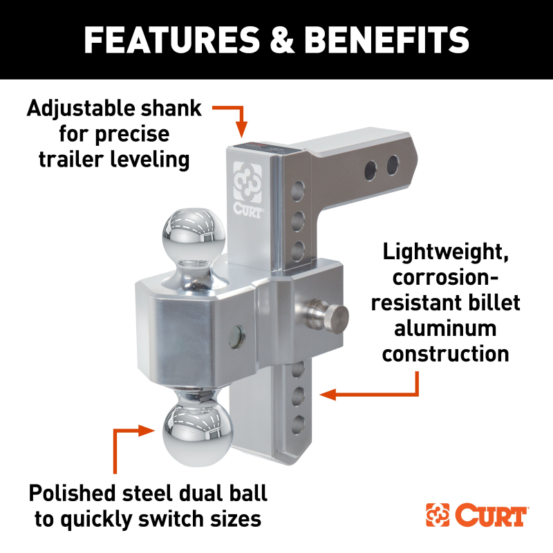 CURT AlumaLite Adjustable Aluminum Hitch with Dual Ball, 7-1/2" Drop Model 45365