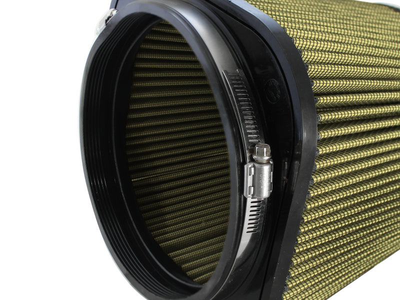 afe Magnum FORCE replacement air filter featuring a cylindrical design with a textured surface and a secure clamp.