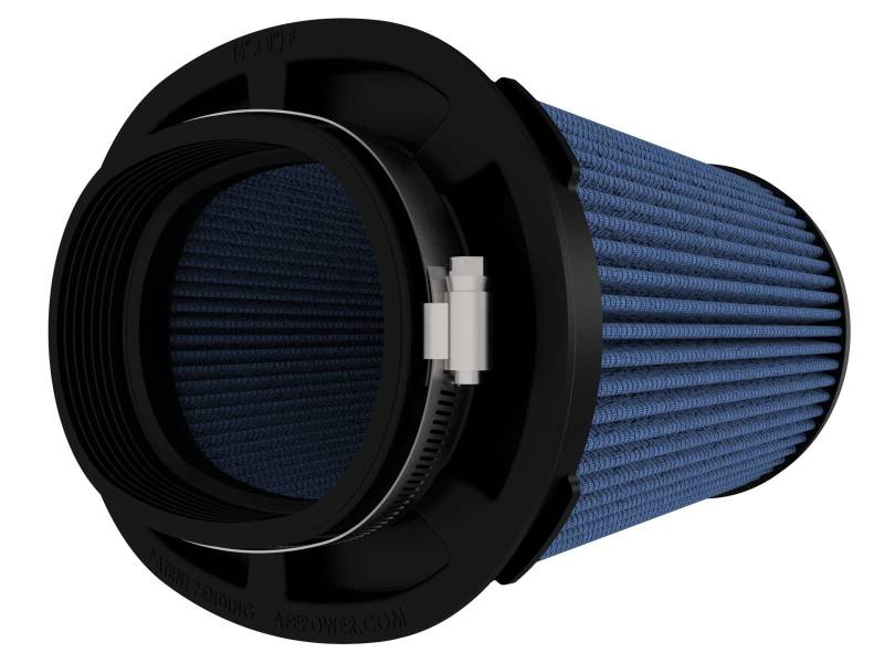 aFe MagnumFLOW Pro 5R Air Filter featuring a blue filter media and durable black housing, designed for optimal airflow and filtration.