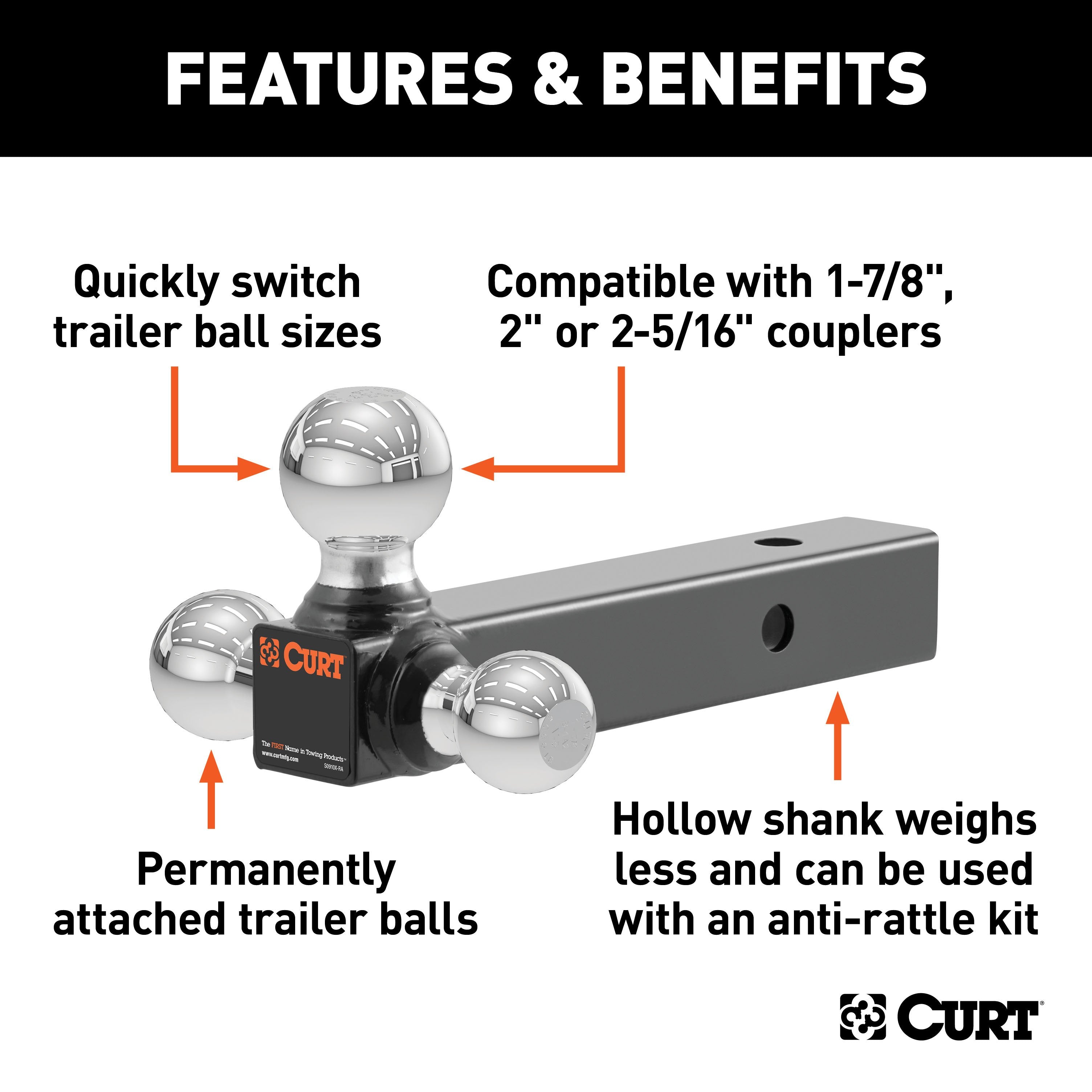 CURT Multi-Ball Trailer Hitch Ball Mount, 1-7/8, 2, 2-5/16-Inch Balls, Fits 2-Inch Receiver, 10,000 lbs Model 45001
