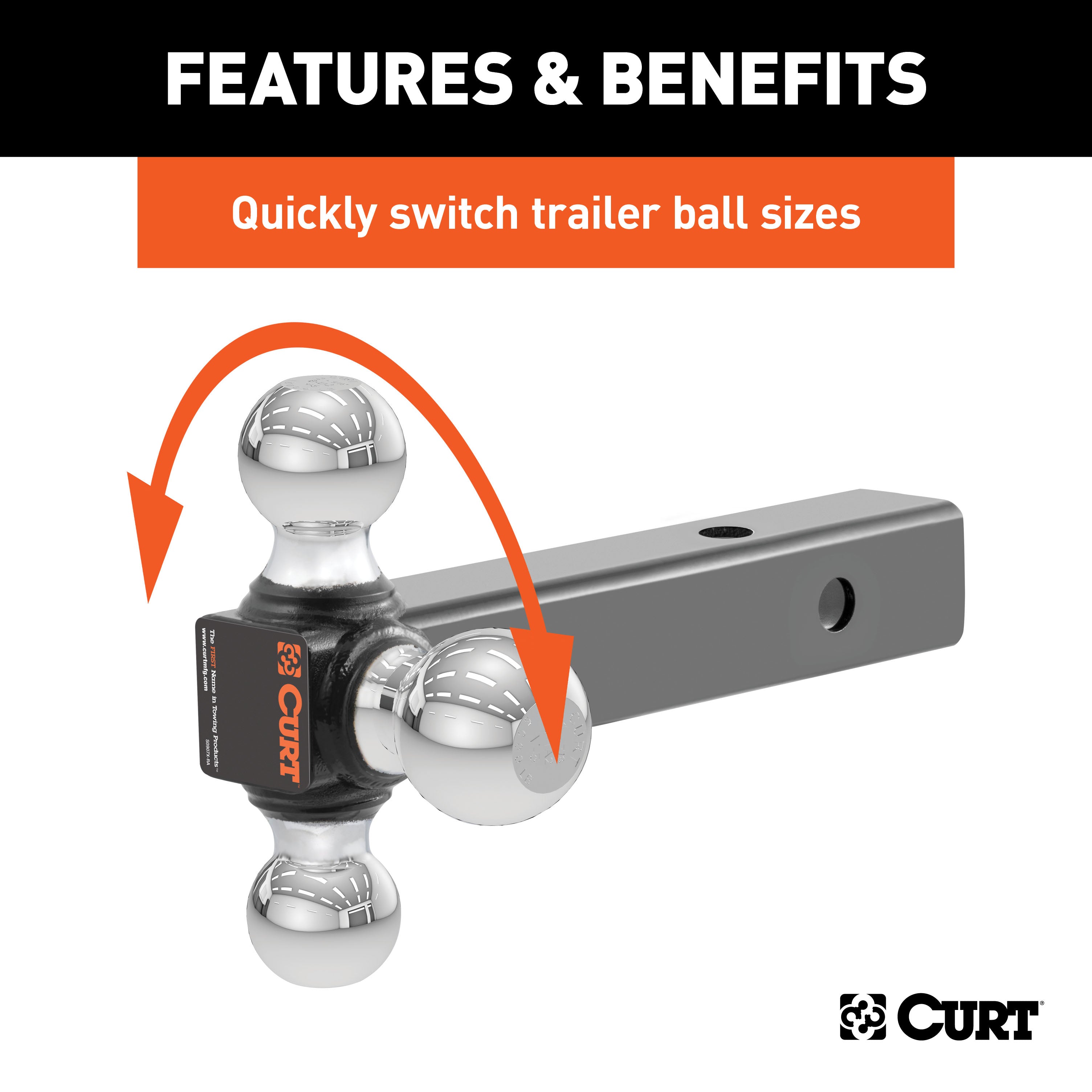 CURT Multi-Ball Trailer Hitch Ball Mount, 1-7/8, 2, 2-5/16-Inch Balls, Fits 2-Inch Receiver, 10,000 lbs Model 45001
