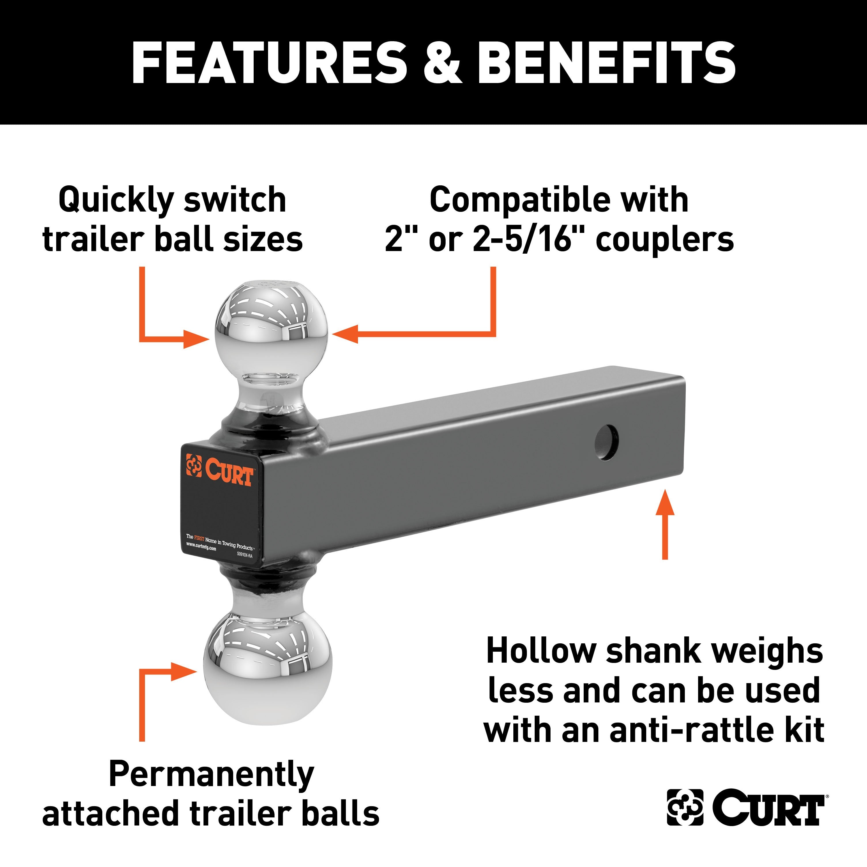 CURT Multi-Ball Trailer Hitch Ball Mount, 2, 2-5/16-Inch Balls, Fits 2-Inch Receiver, 10,000 lbs Model 45002