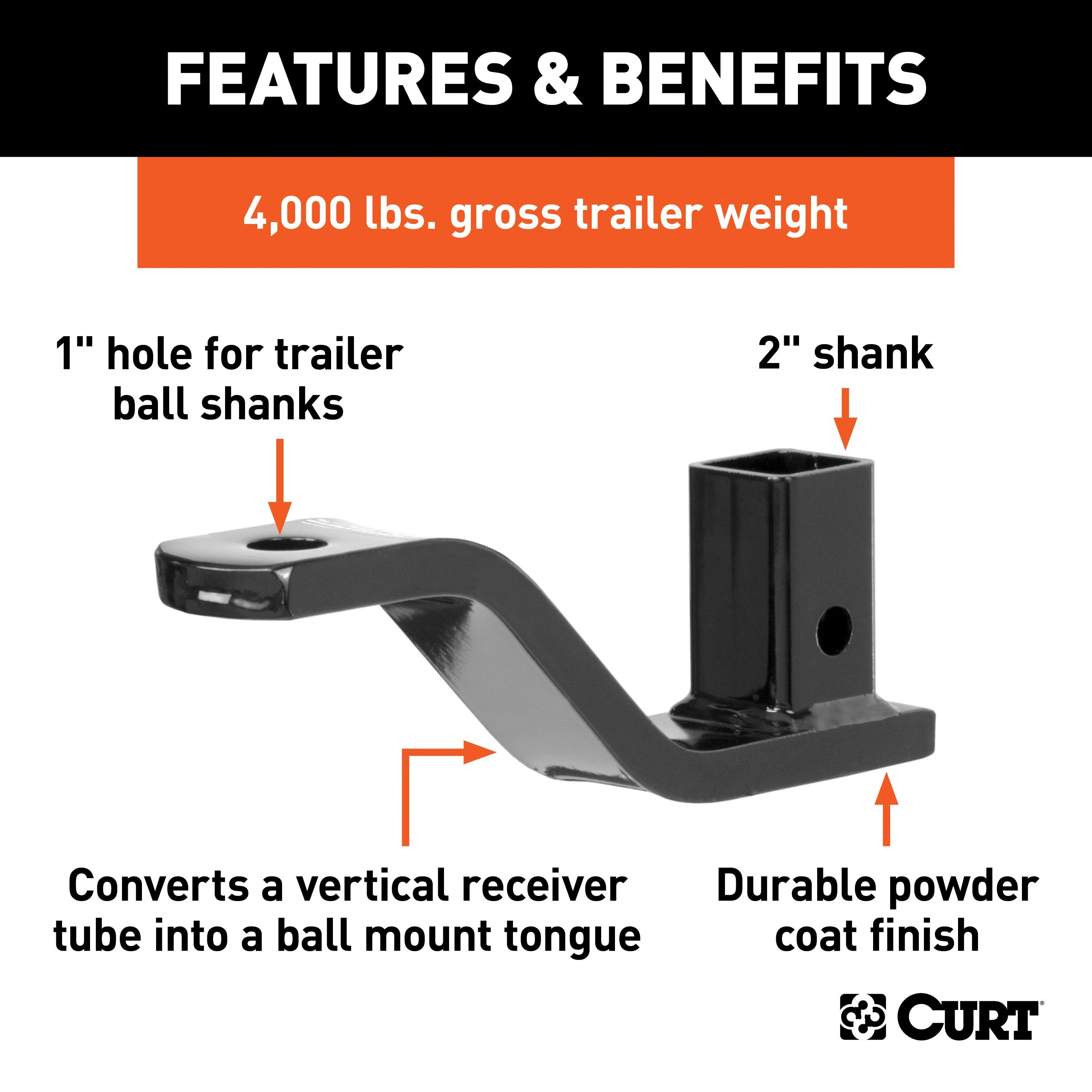 CURT Vertical Trailer Hitch Ball Mount, Fits 2-Inch Receiver, 4,000 lbs, 1-Inch Hole, 2-1/4-Inch Drop Model 45003