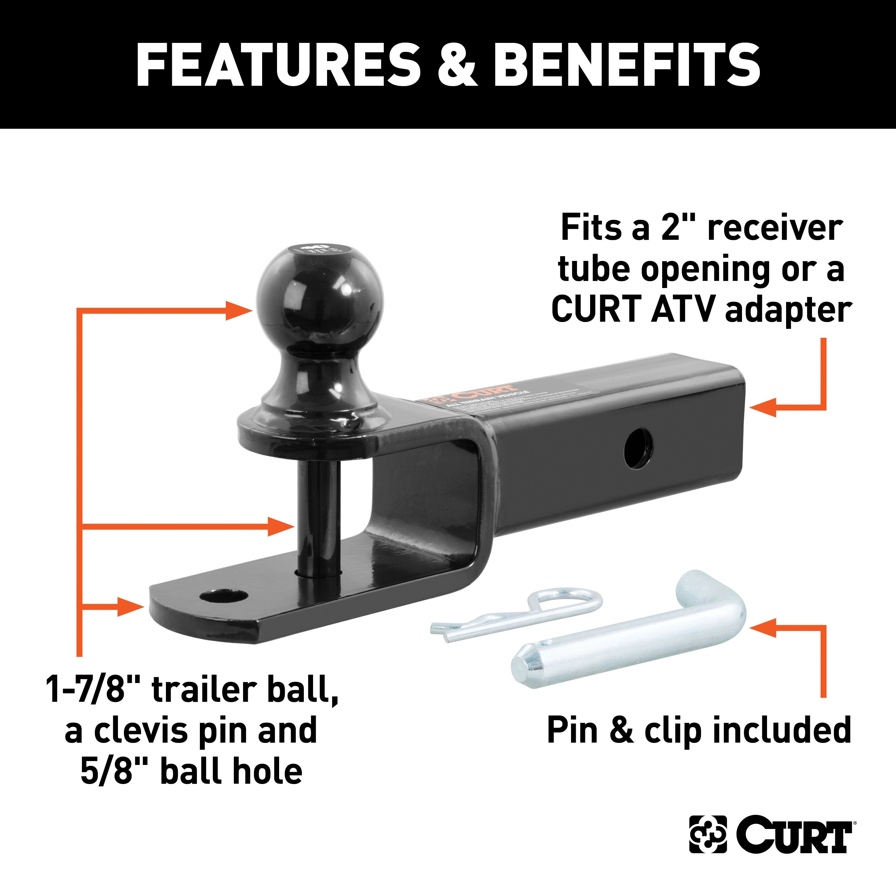 CURT 3-in-1 ATV Trailer Hitch Mount, 1-7/8-Inch Ball, Clevis Pin, 5/8-Inch Hole, Fits 2-Inch Receiver Model 45005