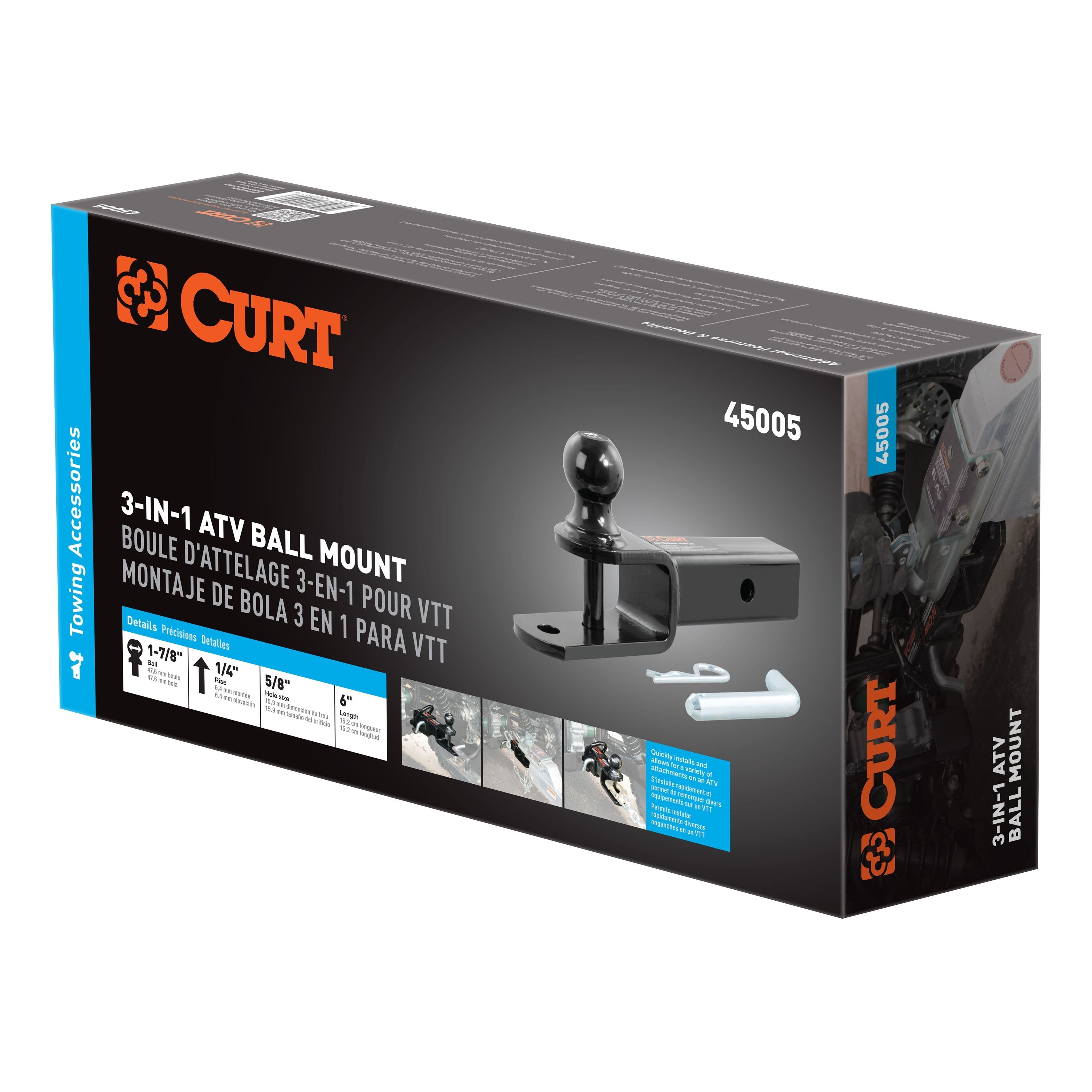 CURT 3-in-1 ATV Trailer Hitch Mount, 1-7/8-Inch Ball, Clevis Pin, 5/8-Inch Hole, Fits 2-Inch Receiver Model 45005