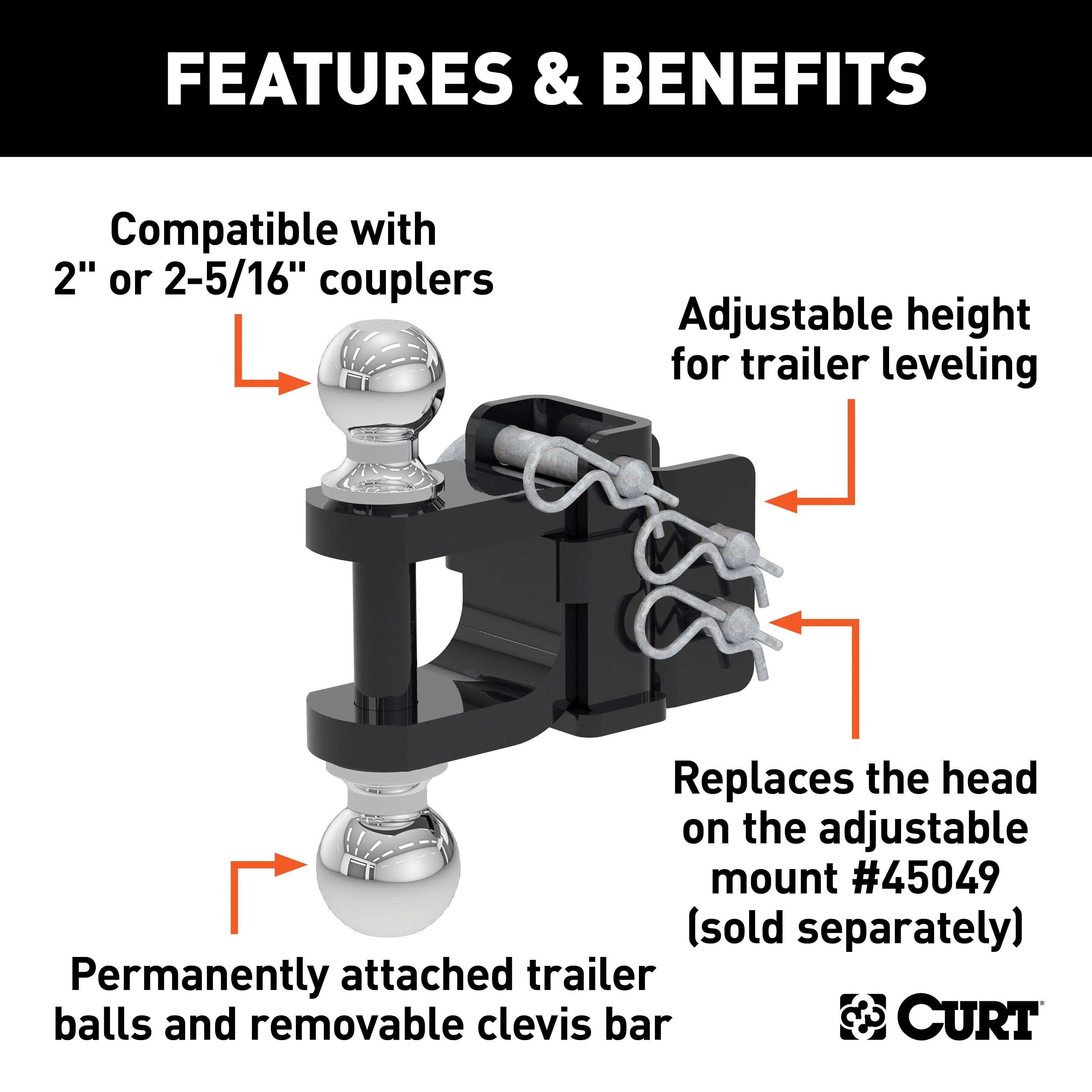 CURT Replacement Head for Adjustable Trailer Hitch Ball Mount #45049 Model 45008