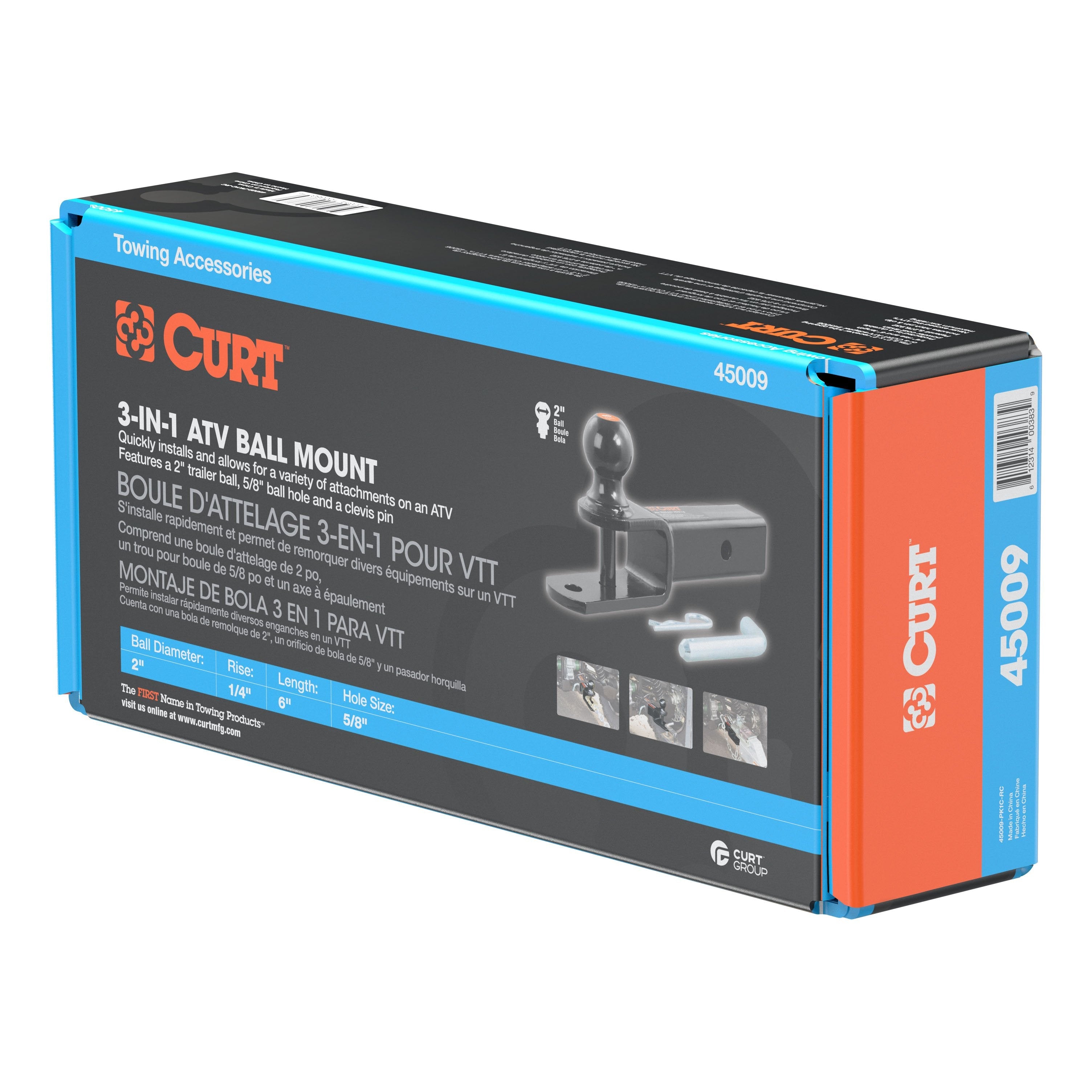 CURT 3-in-1 ATV Trailer Hitch Mount, 2-Inch Ball, Clevis Pin, 5/8-Inch Hole, Fits 2-Inch Receiver Model 45009