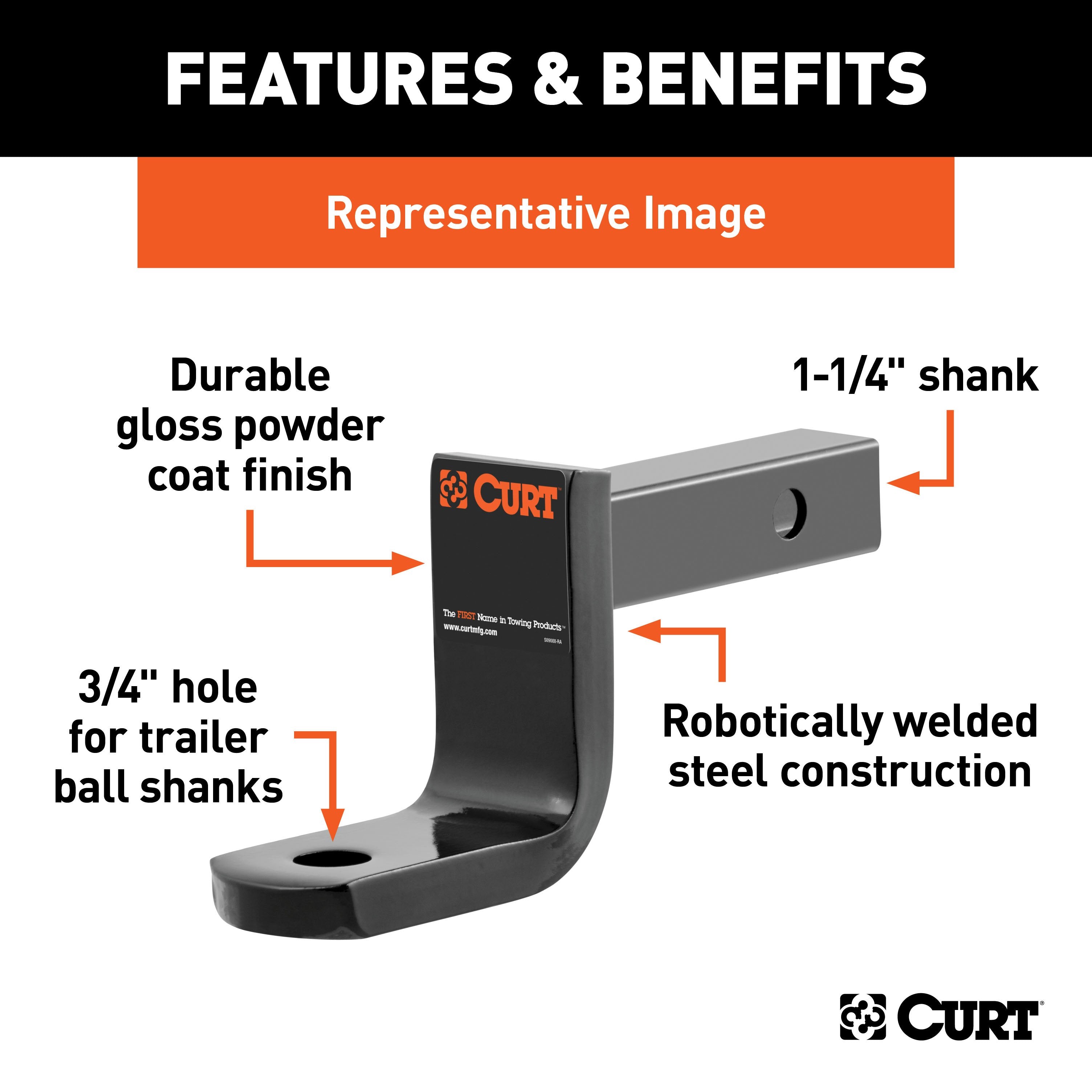 CURT Class 1 Trailer Hitch Ball Mount, Fits 1-1/4-Inch Receiver, 2,000 lbs, 3/4-Inch Hole, 3-1/4-Inch Drop, 2-5/8-Inch Rise Model 45027