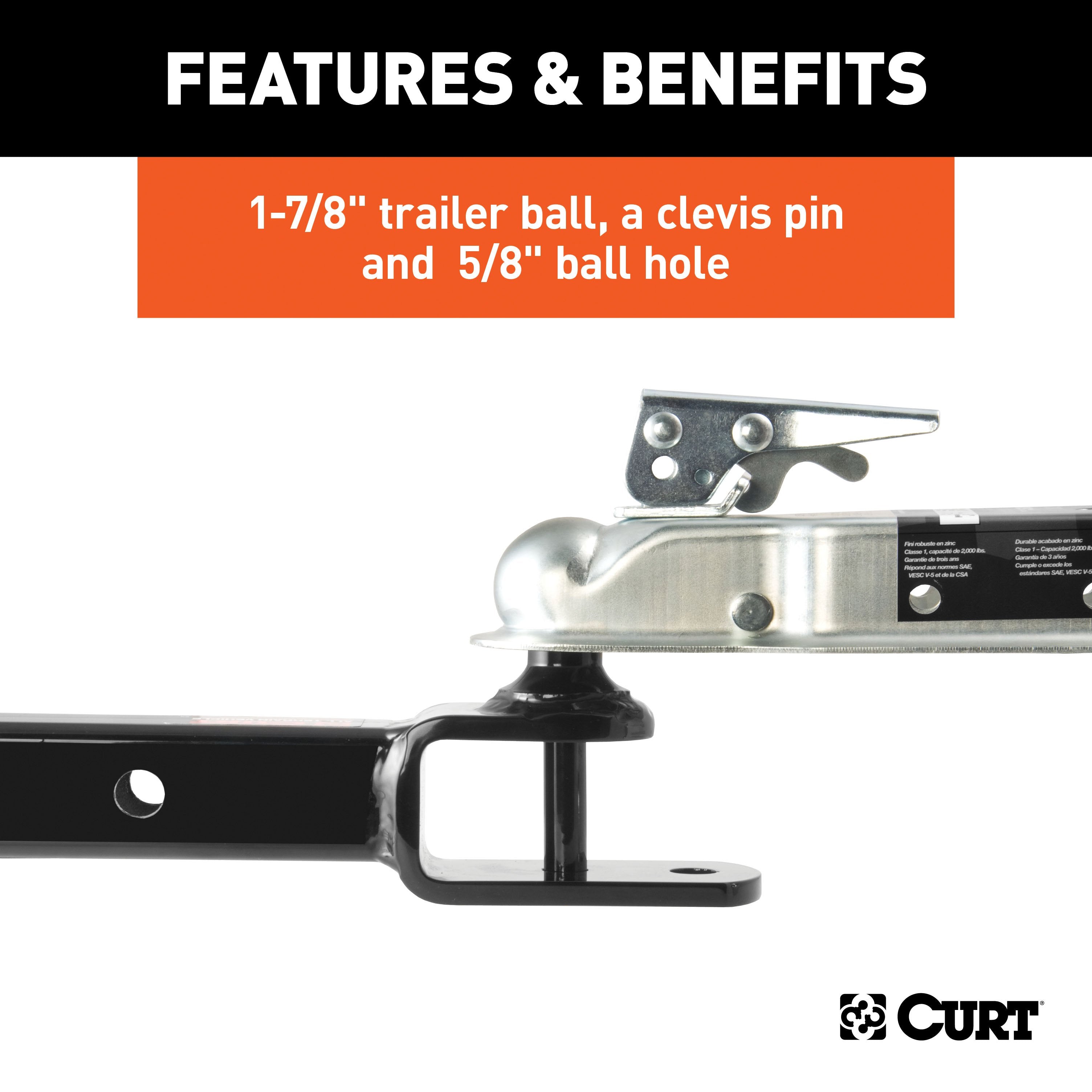 CURT 3-in-1 UTV, ATV Trailer Hitch Mount with 2-Inch Receiver Adapter, 1-7/8-Inch Ball, Clevis Pin, 5/8-Inch Hole Model 45029