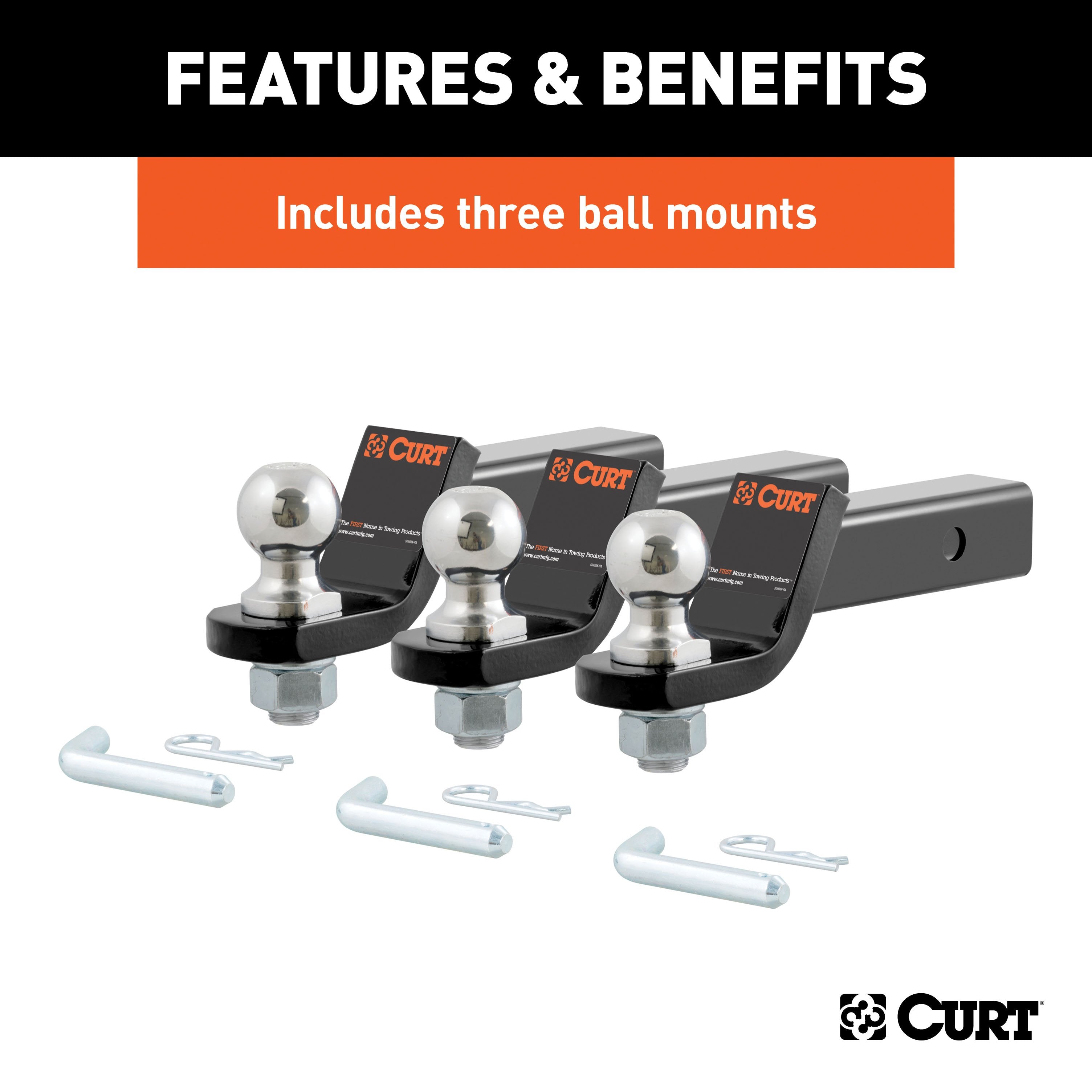 CURT Trailer Hitch Mounts with 2-Inch Ball & Pin, Fits 2-In Receiver, 7,500 lbs, 2" Drop, 3-Pack Model 45037