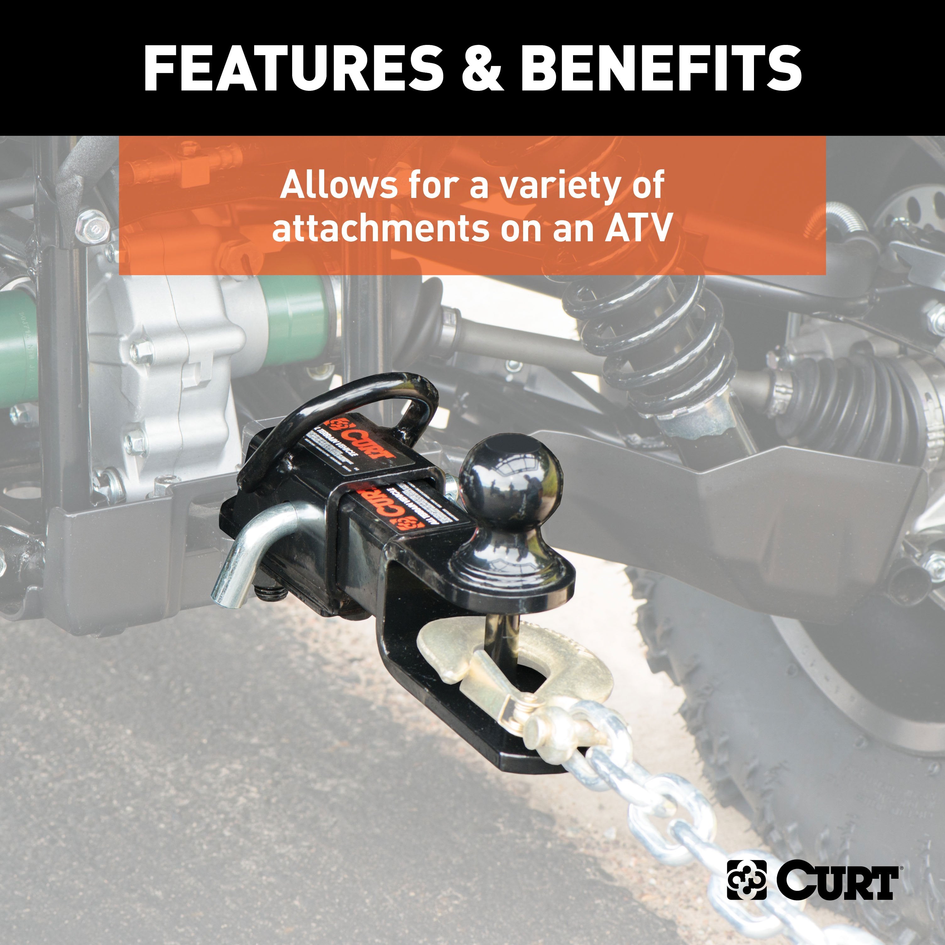 CURT 3-in-1 UTV, ATV Trailer Hitch Mount with 2-Inch Receiver Adapter, 2-Inch Ball, Clevis Pin, 5/8-Inch Hole Model 45038