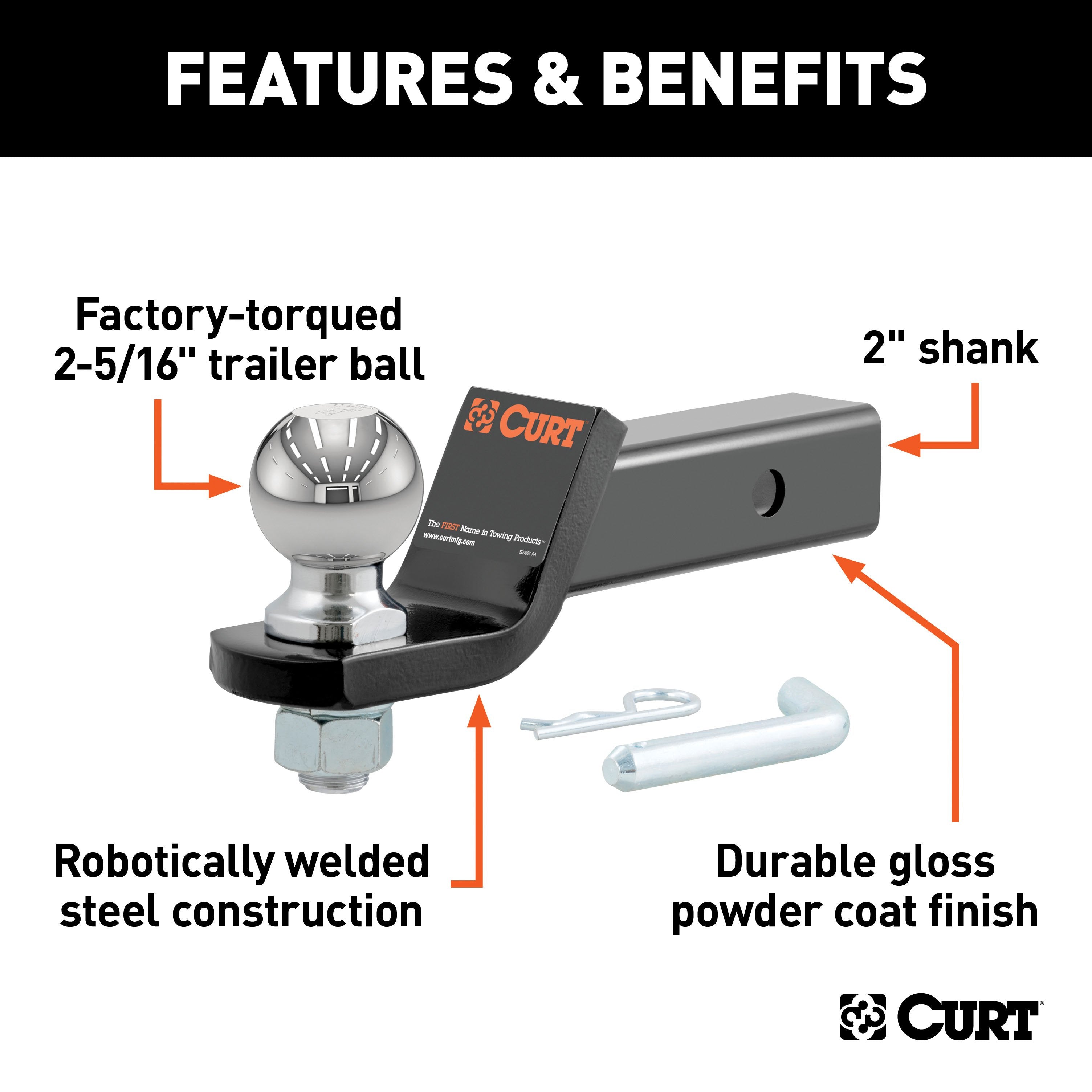 CURT Trailer Hitch Mount with 2-5/16-Inch Ball & Pin, Fits 2-Inch Receiver, 7,500 lbs, 2-In Drop Model 45041