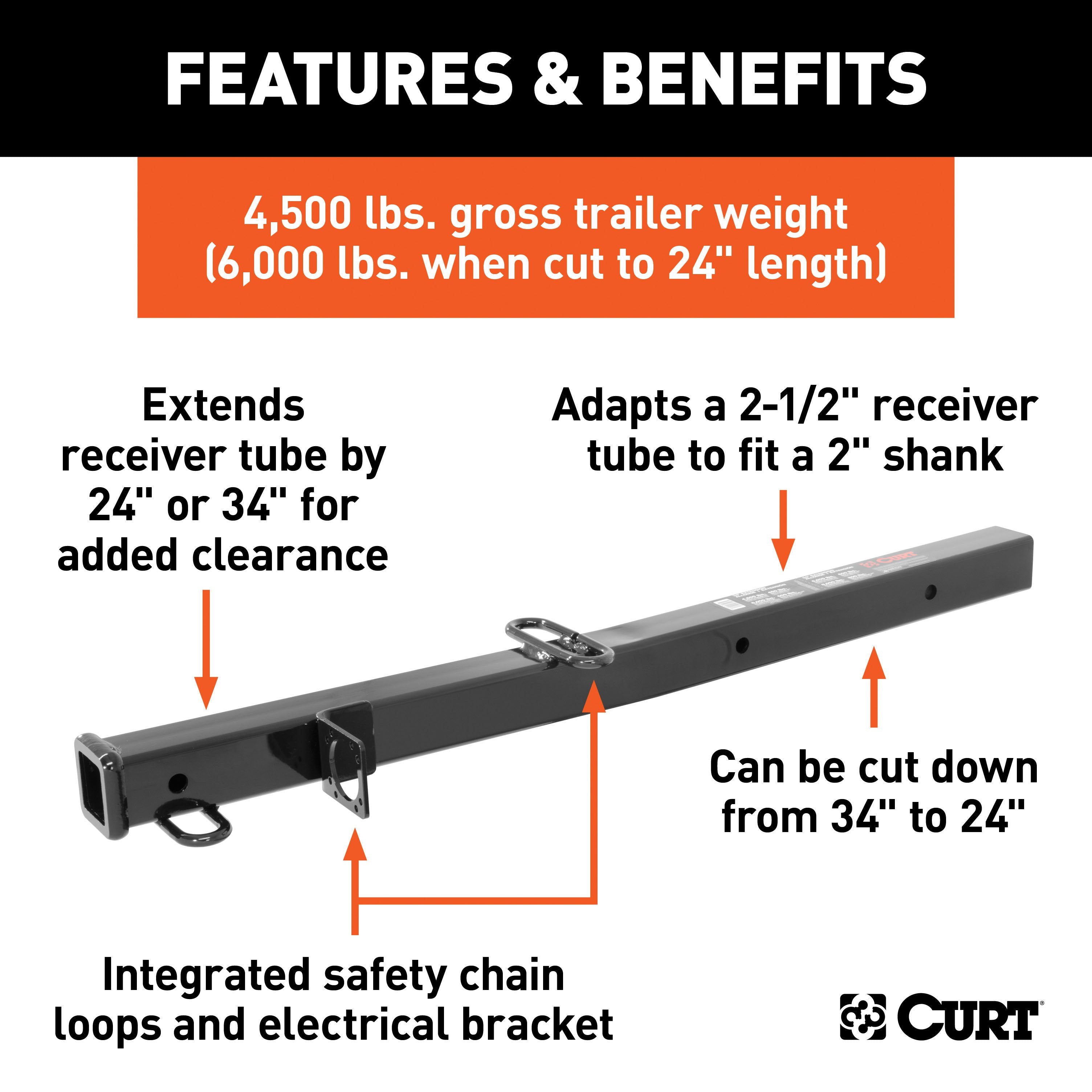 CURT Trailer Hitch Receiver Adapter Reducer, 2-1/2 to 2-Inch, 34-In Extension, 4,500 lbs Model 45048