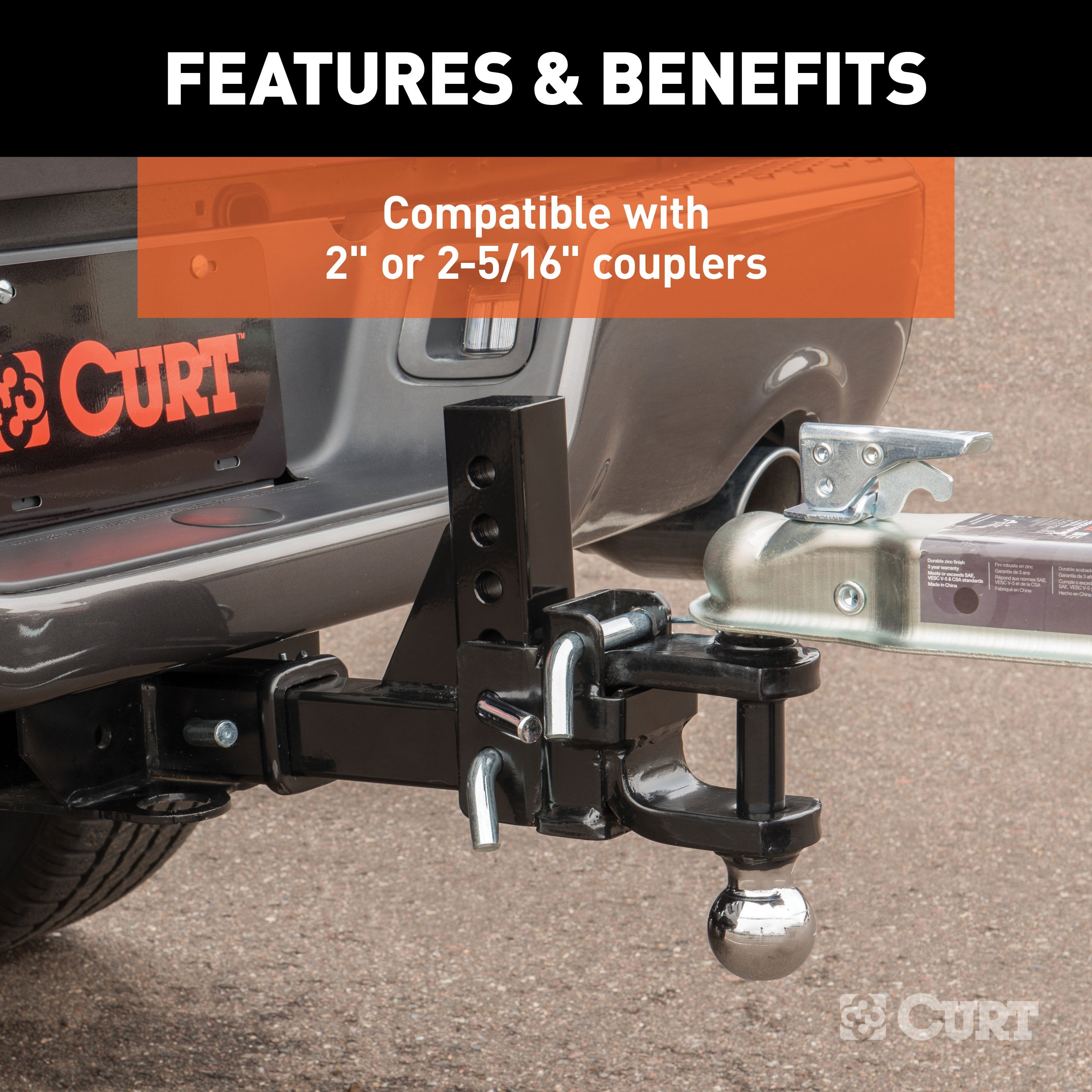 CURT Adjustable Trailer Hitch Ball Mount, Fits 2-Inch Receiver, 6-1/2-Inch Drop, 2 and 2-5/16-Inch Balls, 10,000 lbs Model 45049