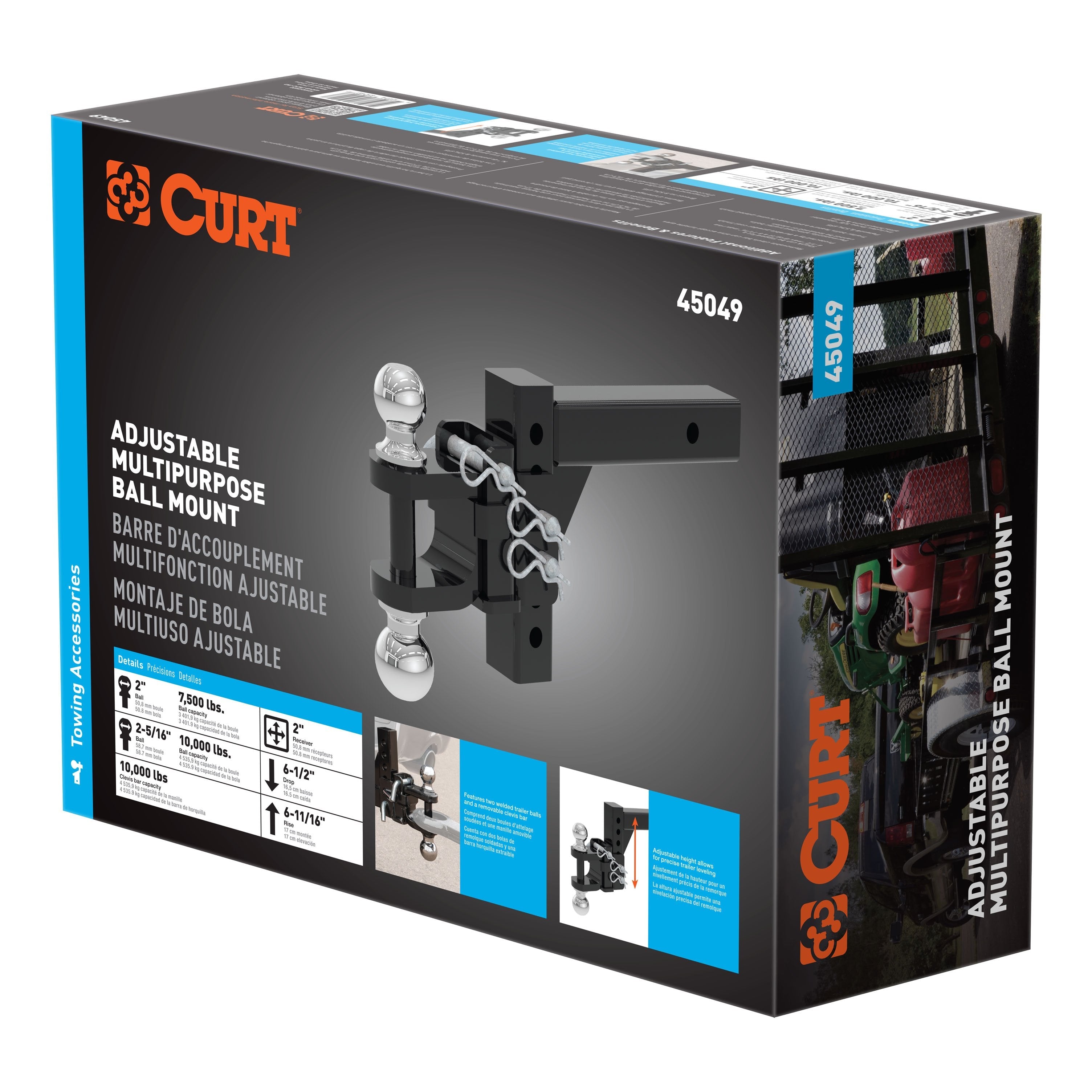 CURT Adjustable Trailer Hitch Ball Mount, Fits 2-Inch Receiver, 6-1/2-Inch Drop, 2 and 2-5/16-Inch Balls, 10,000 lbs Model 45049