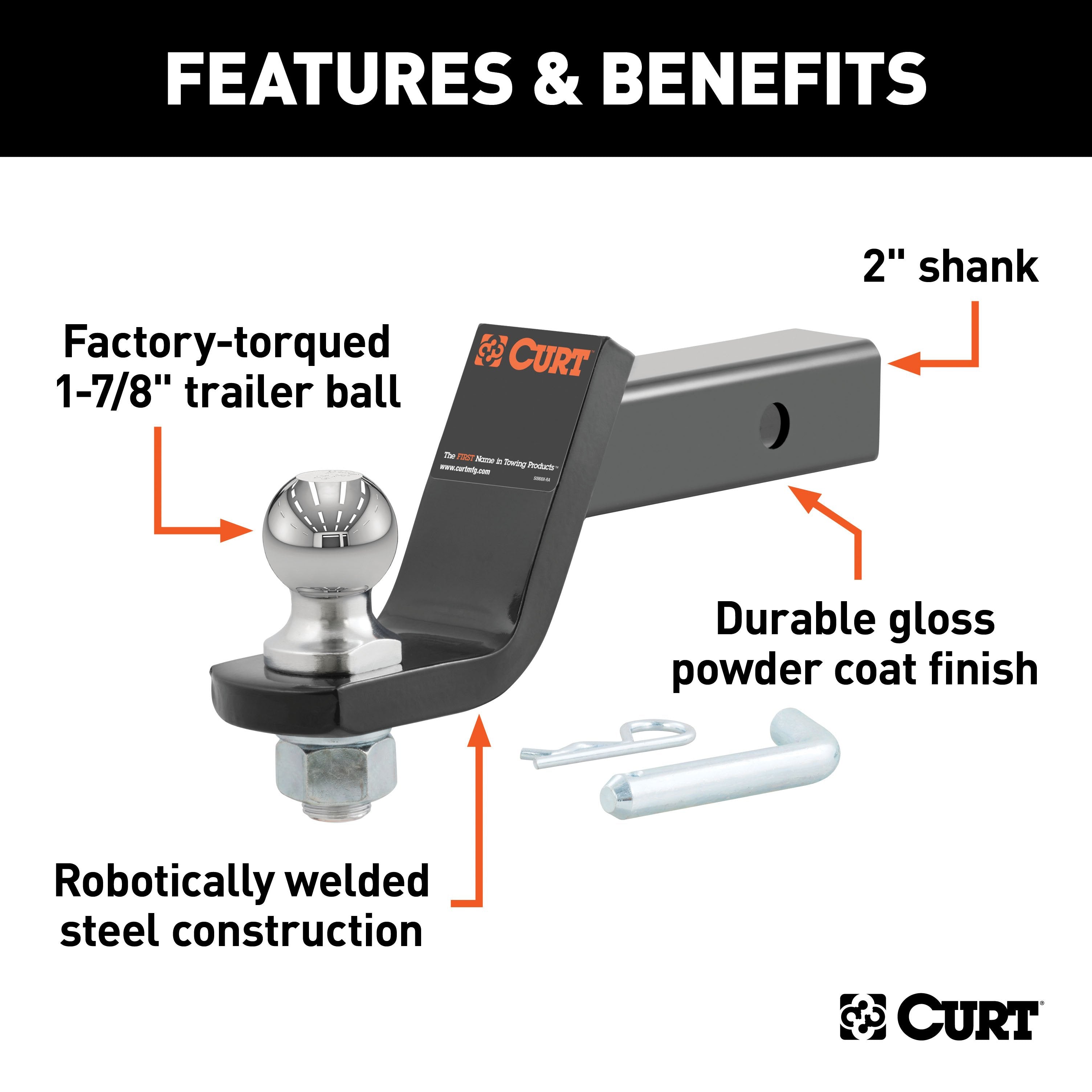CURT Trailer Hitch Mount with 1-7/8-Inch Ball & Pin, Fits 2-Inch Receiver, 3,500 lbs, 4-Inch Drop Model 45055