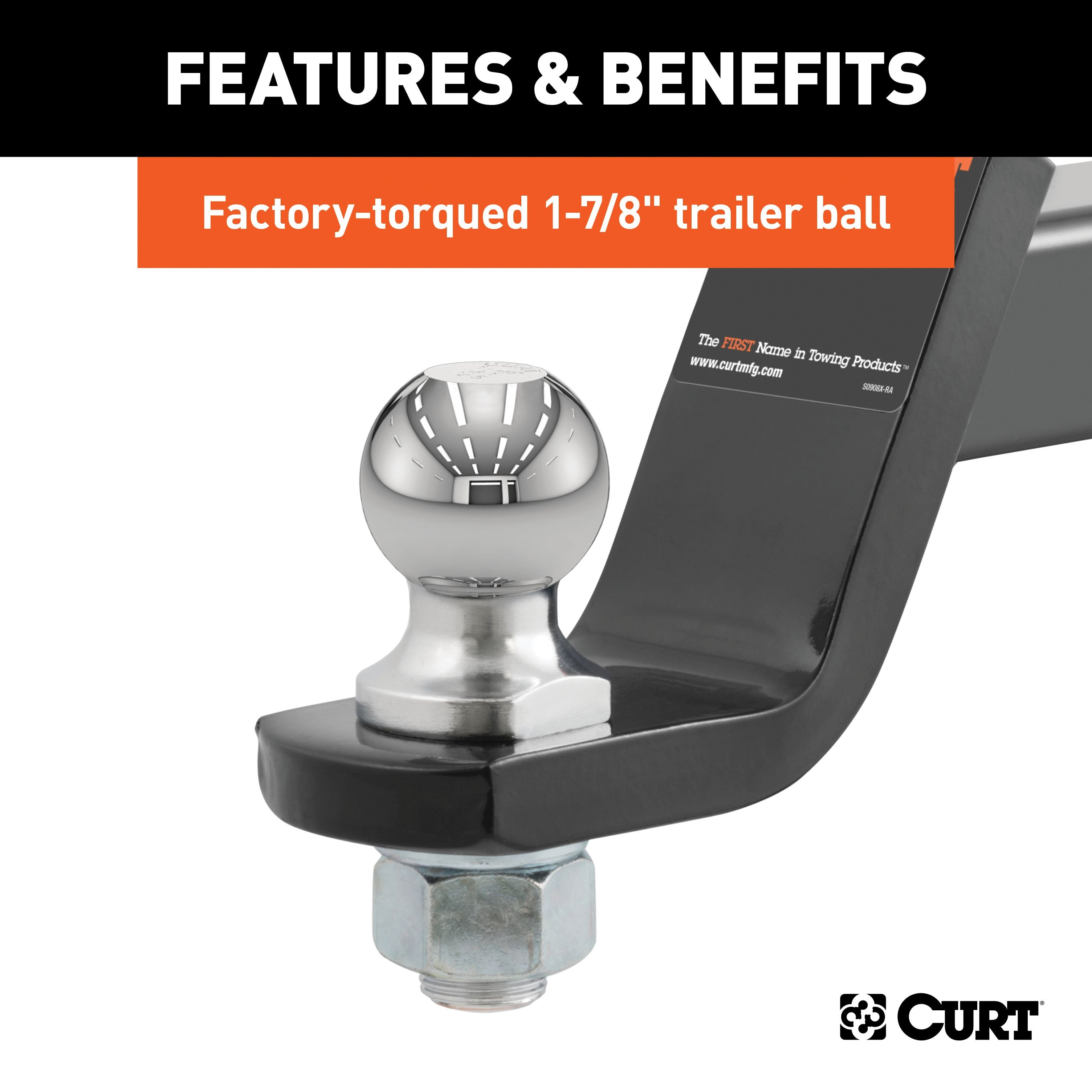 CURT Trailer Hitch Mount with 1-7/8-Inch Ball & Pin, Fits 2-Inch Receiver, 3,500 lbs, 4-Inch Drop Model 45055
