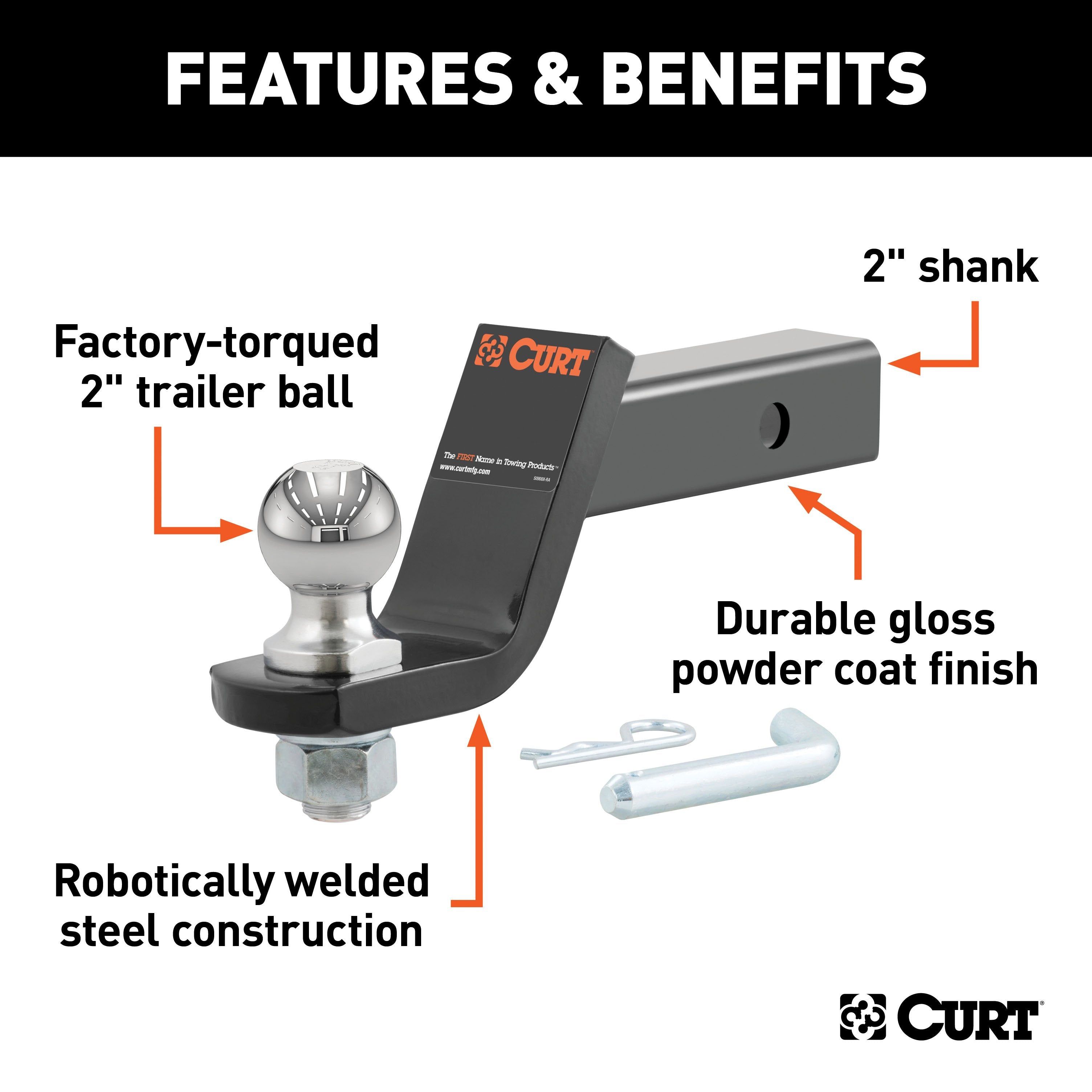 CURT Trailer Hitch Mount with 2-Inch Ball & Pin, Fits 2-In Receiver, 7,500 lbs, 4-Inch Drop Model 45056