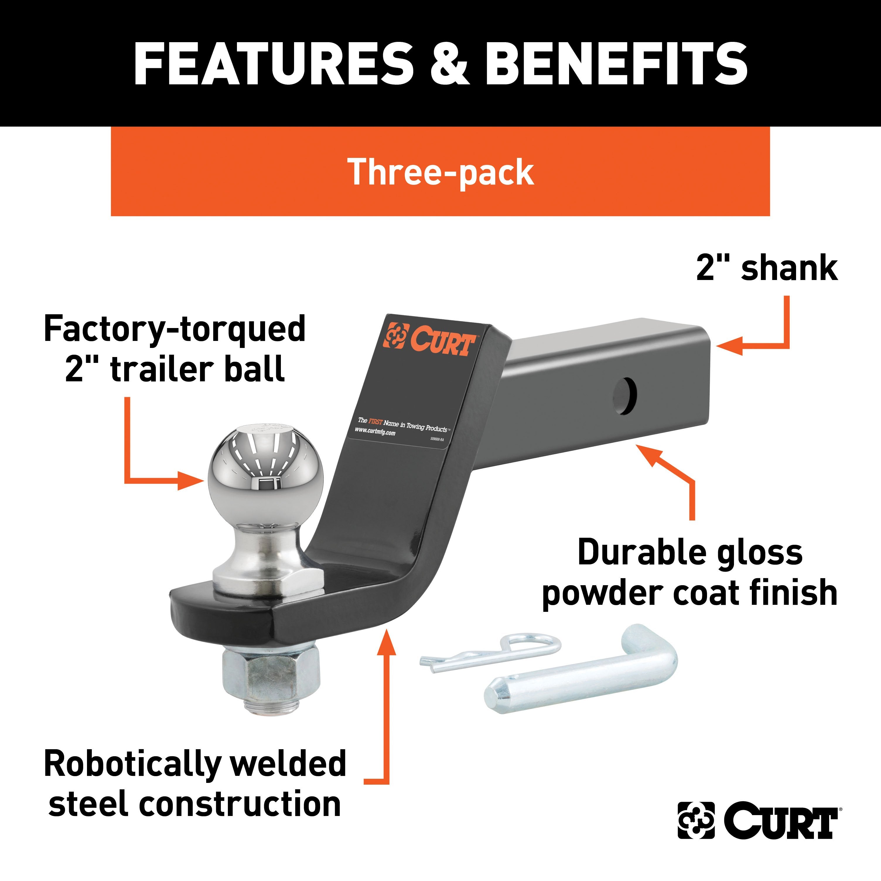 CURT Trailer Hitch Mounts with 2-Inch Ball & Pin, Fits 2-In Receiver, 7,500 lbs, 4-Inch Drop, 3-Pack Model 45057