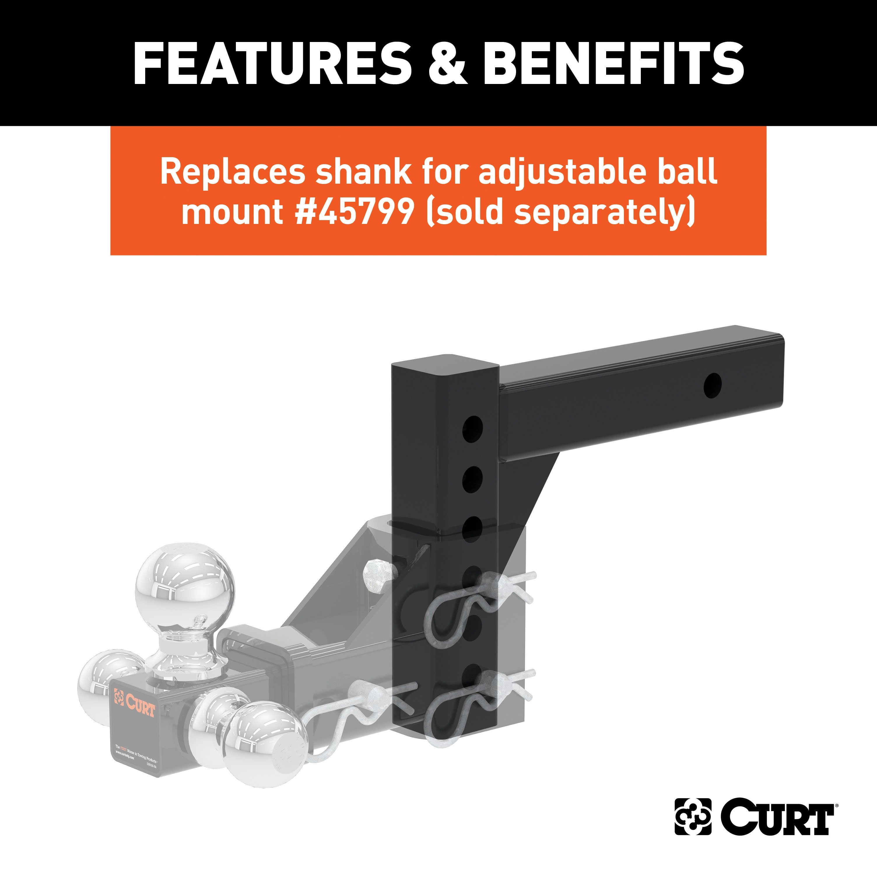 CURT Replacement Shank for Adjustable Trailer Hitch Ball Mount #45799 or #45049, Fits 2-Inch Receiver Model 45059