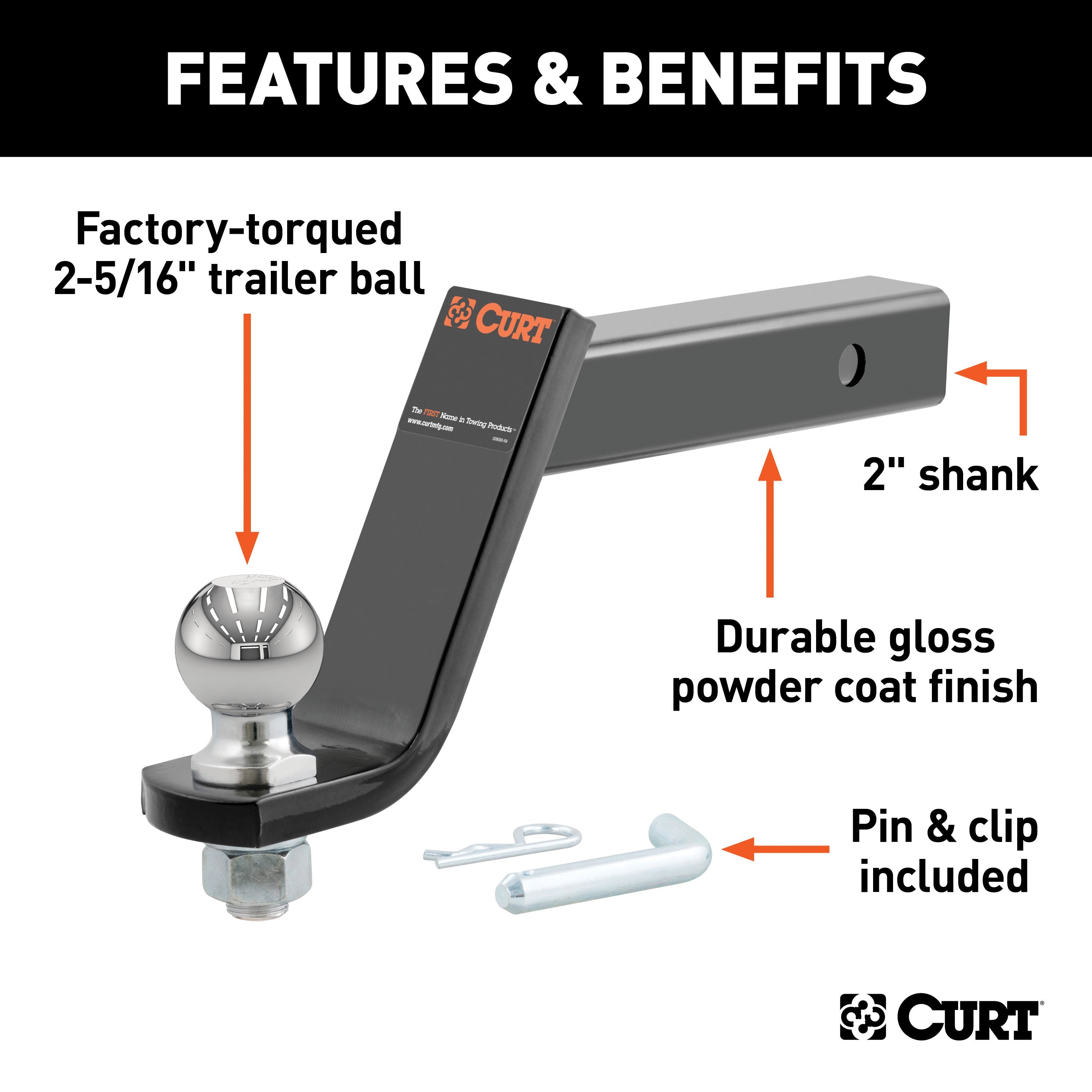 CURT Lifted Truck Trailer Hitch Mount with 2-5/16-Inch Ball & Pin, Fits 2-Inch Receiver, 7,500 lbs, 6-Inch Drop Model 45065