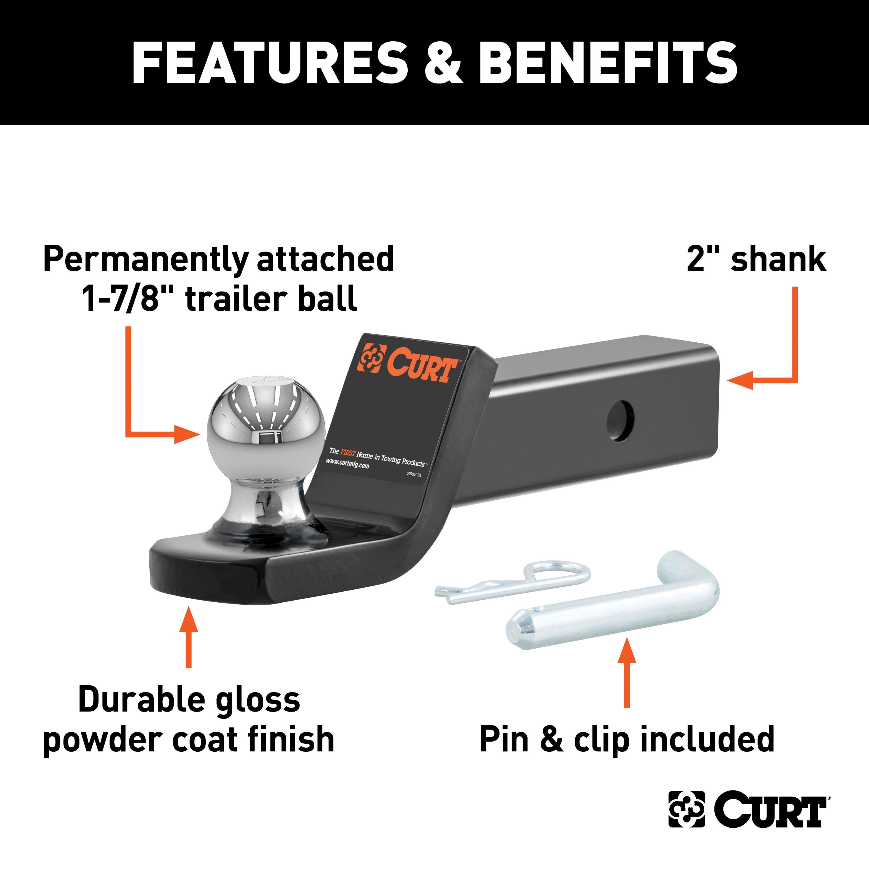 CURT Fusion Trailer Hitch Mount with 1-7/8-Inch Ball & Pin, Fits 2-Inch Receiver, 5,000 lbs, 2-In Drop Model 45131