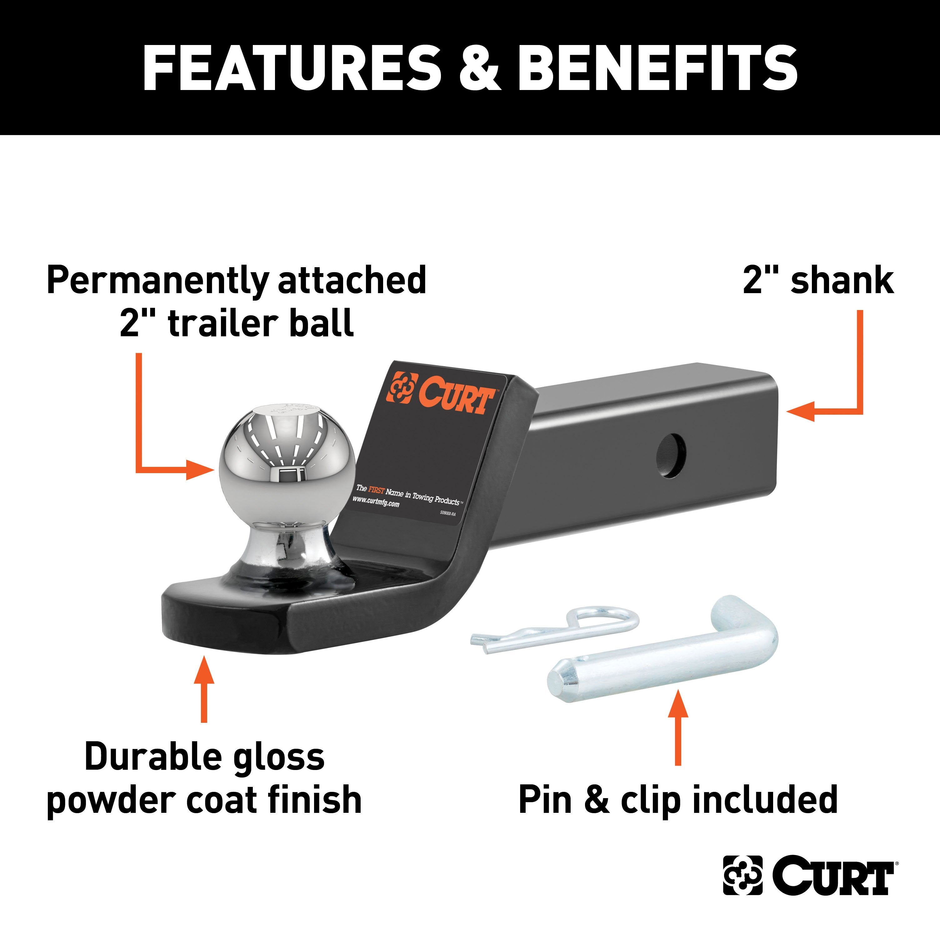 CURT Fusion Trailer Hitch Mount with 2-Inch Ball & Pin, Fits 2-In Receiver, 7,500 lbs, 2" Drop Model 45134