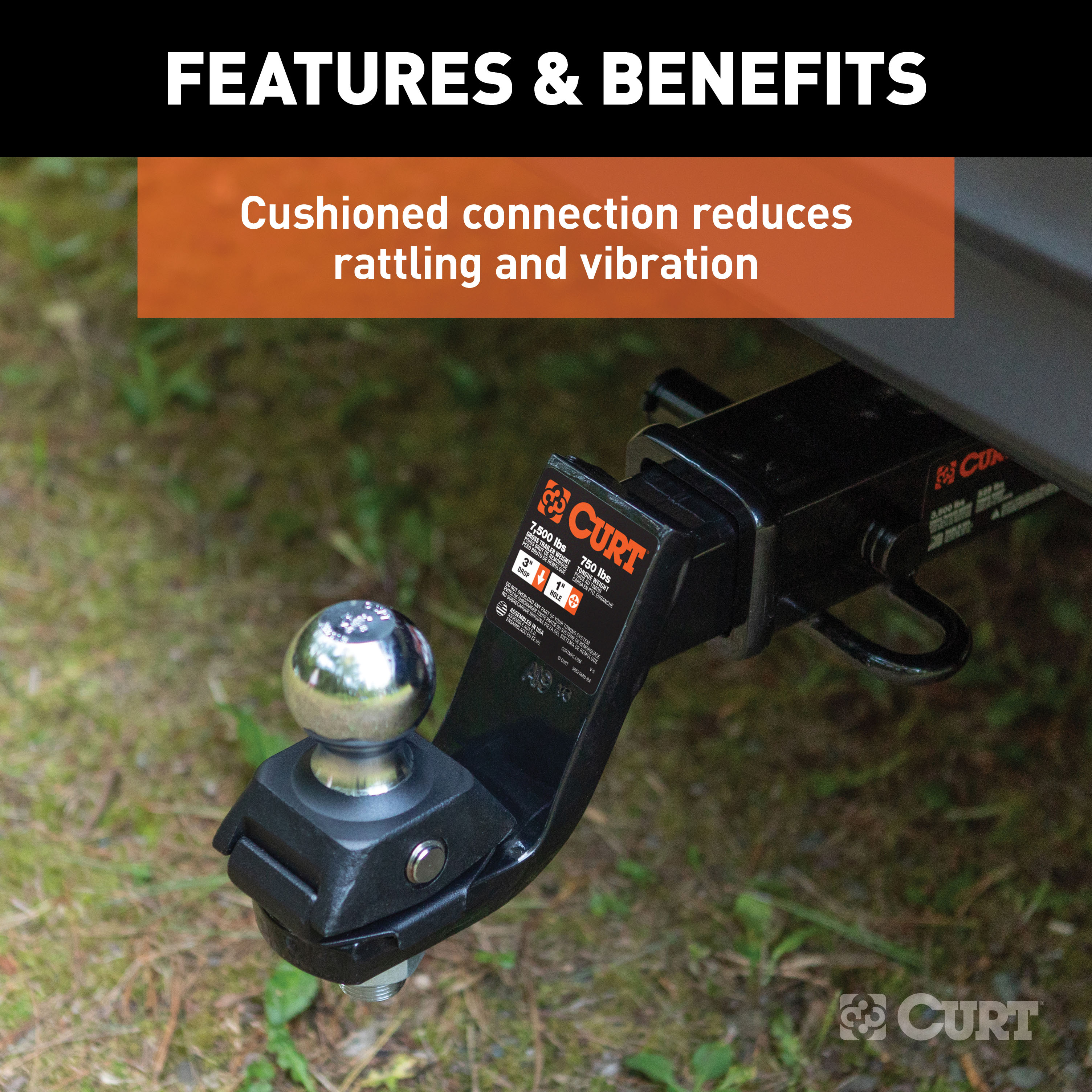 CURT RockerBall Cushion Hitch Ball Mount, 7,500 lbs 2-Inch Diameter, 2-In Shank, 3" Drop, Anti-Rattle Pin Model 45143