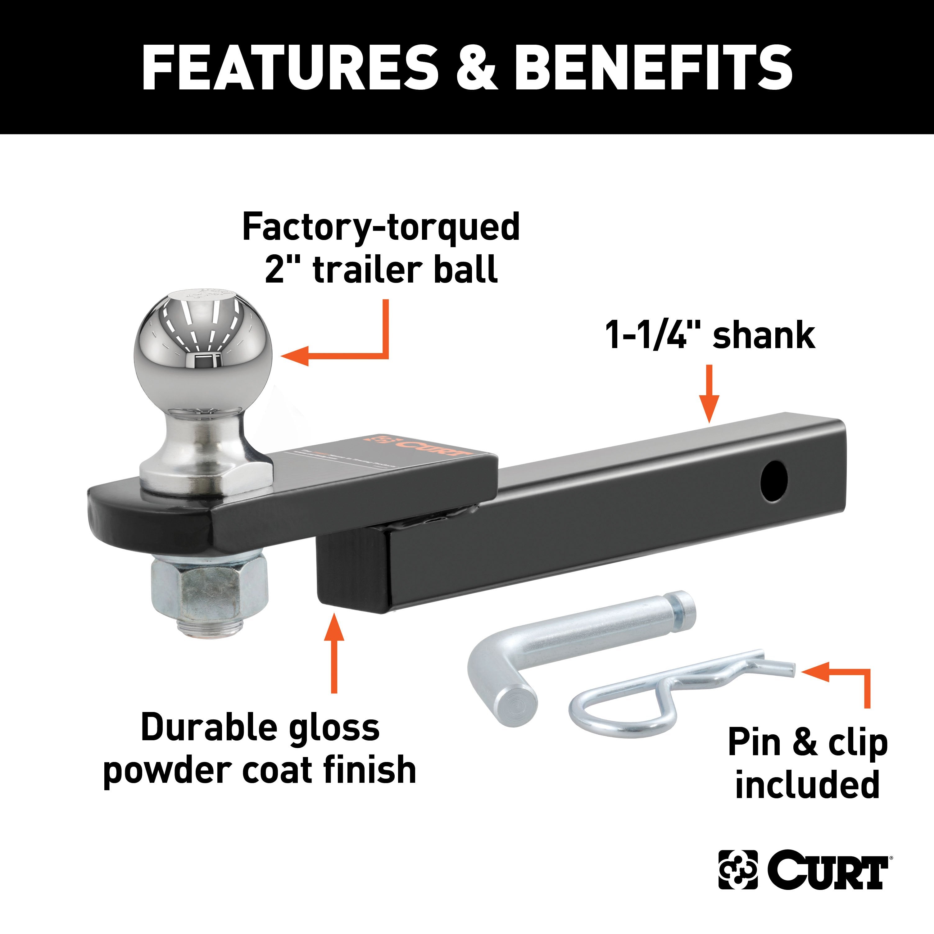 CURT Trailer Hitch Mount, 2-Inch Ball, Pin, Fits 1-1/4-In Receiver, 3,500 lbs, 3/4" Rise Model 45147