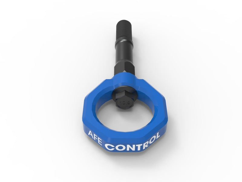 aFe CONTROL Tow Hook for Chevrolet Corvette C8 (2020-2025) V8-6.2L, featuring a durable blue design for enhanced towing capability.