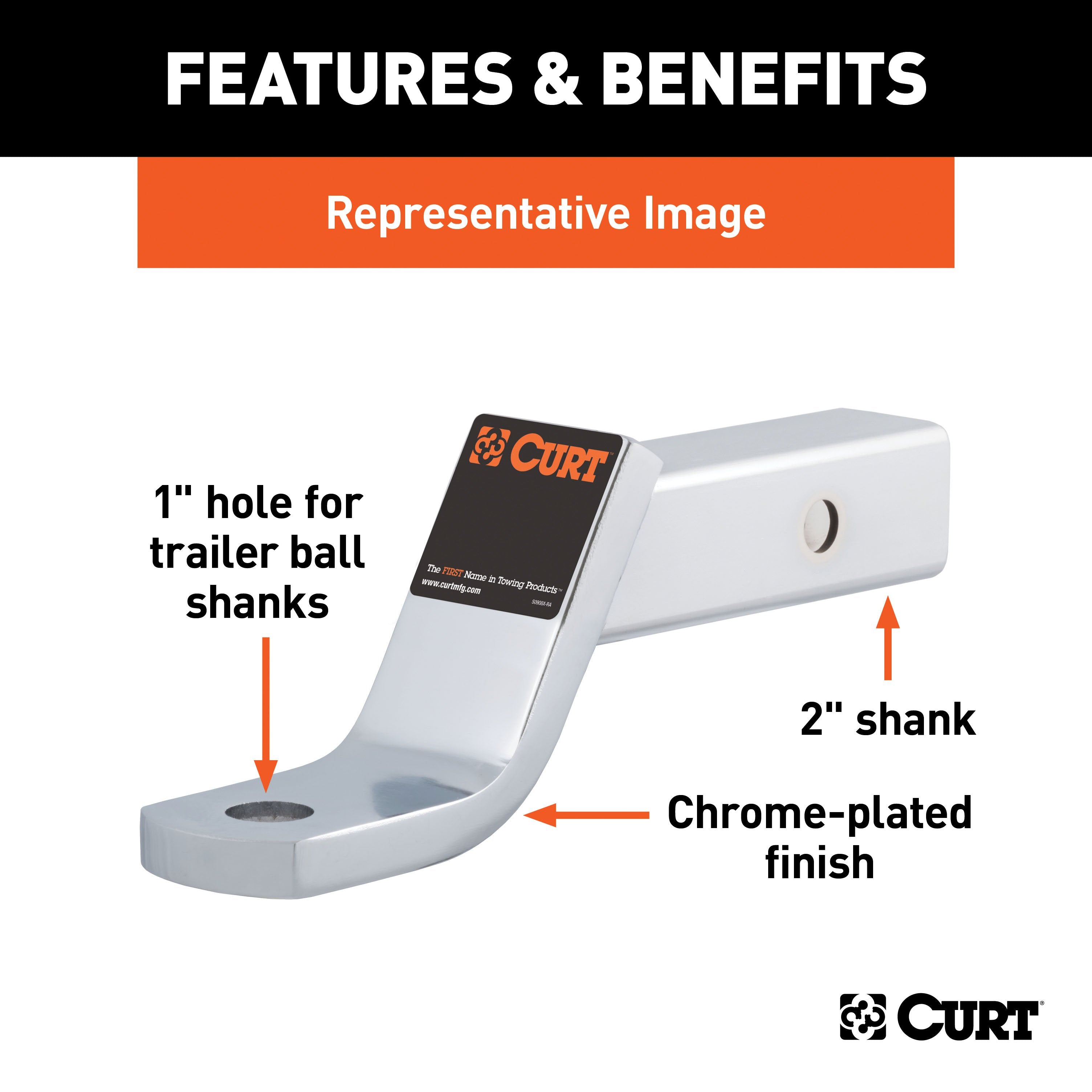 CURT Chrome Class 3 Trailer Hitch Ball Mount, Fits 2-Inch Receiver, 7,500 lbs, 1-Inch Hole, 2-In Drop, 3/4-Inch Rise Model 45290