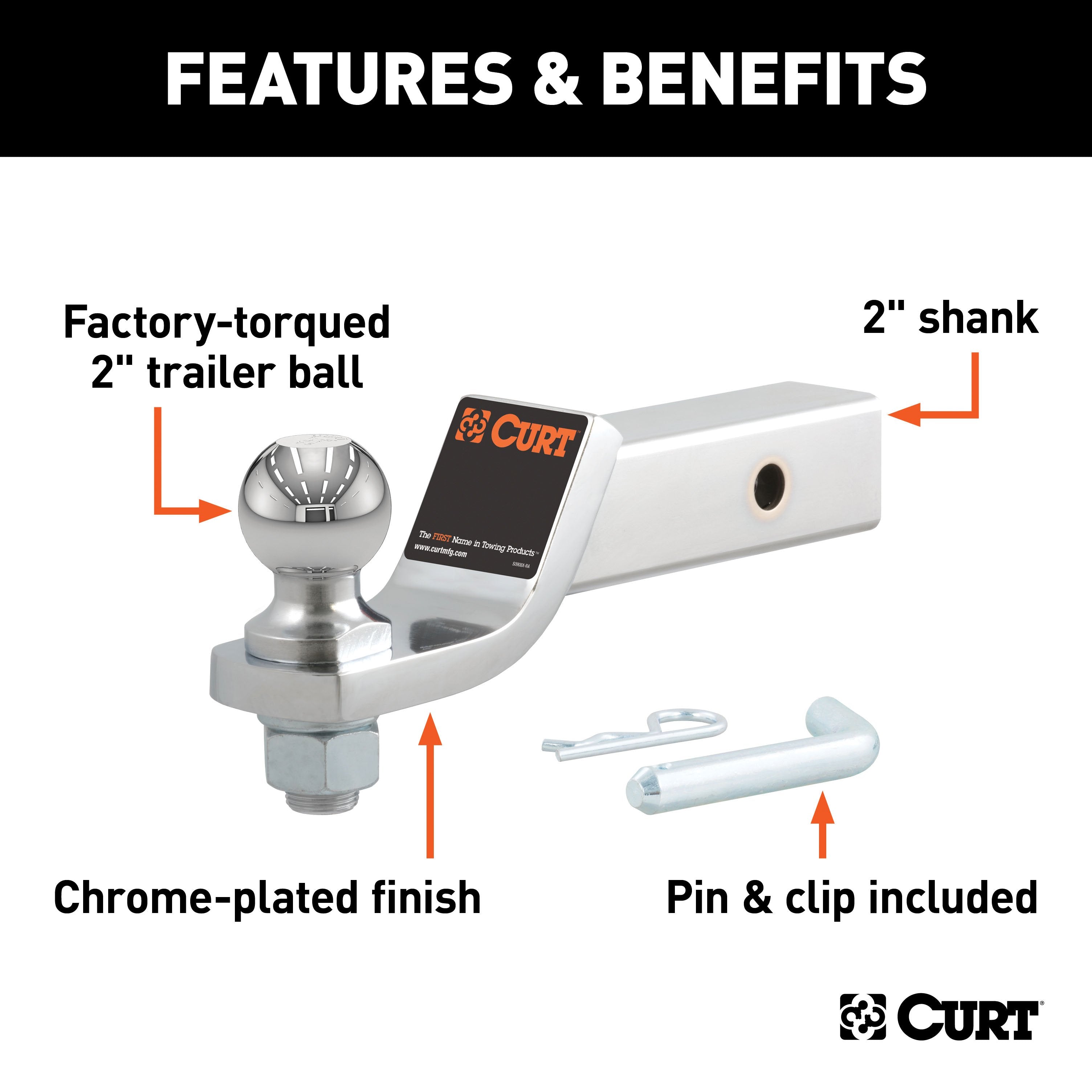 CURT Chrome Trailer Hitch Mount with 2-Inch Ball & Pin, Fits 2-In Receiver, 7,500 lbs, 2" Drop Model 45295