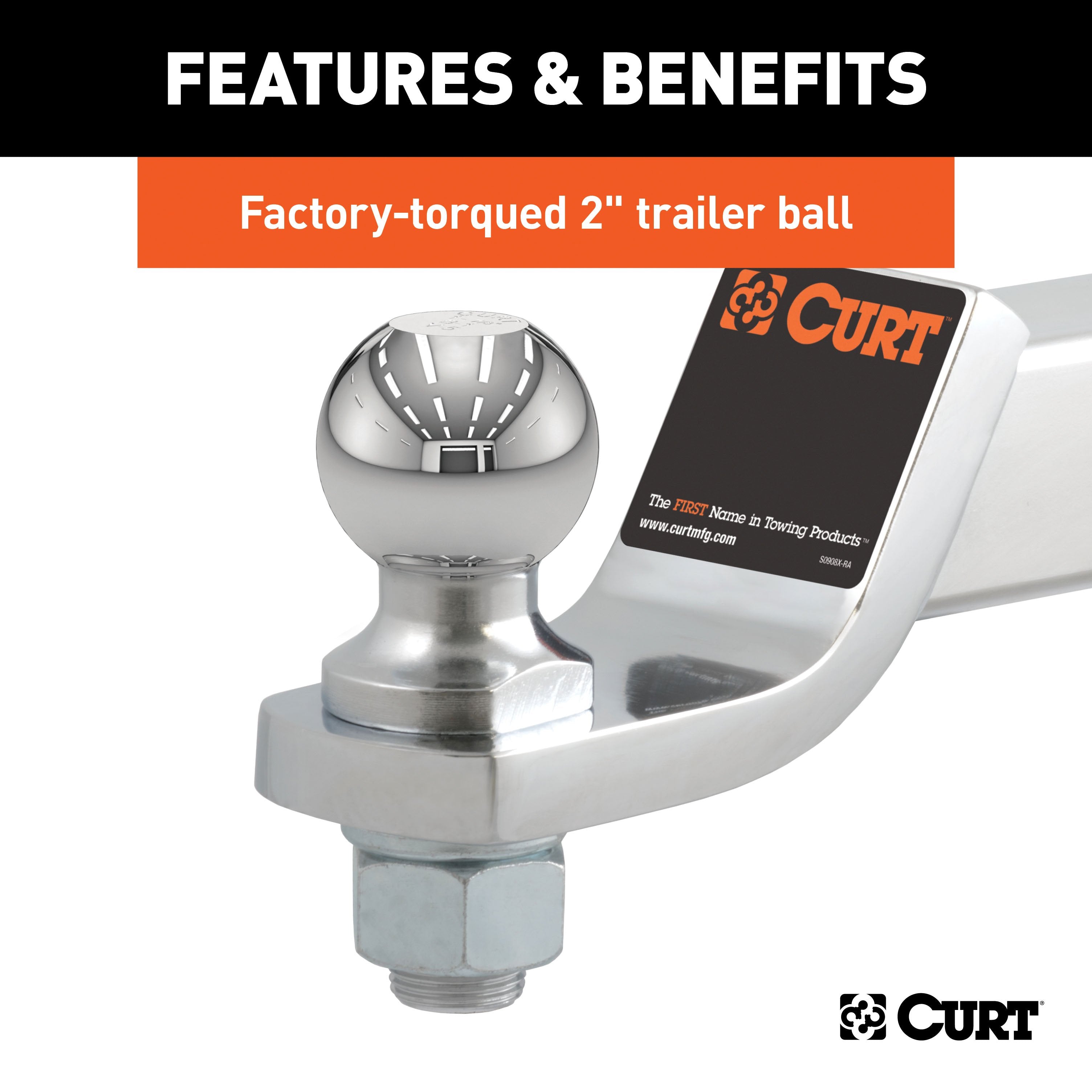 CURT Chrome Trailer Hitch Mount with 2-Inch Ball & Pin, Fits 2-In Receiver, 7,500 lbs, 2" Drop Model 45295