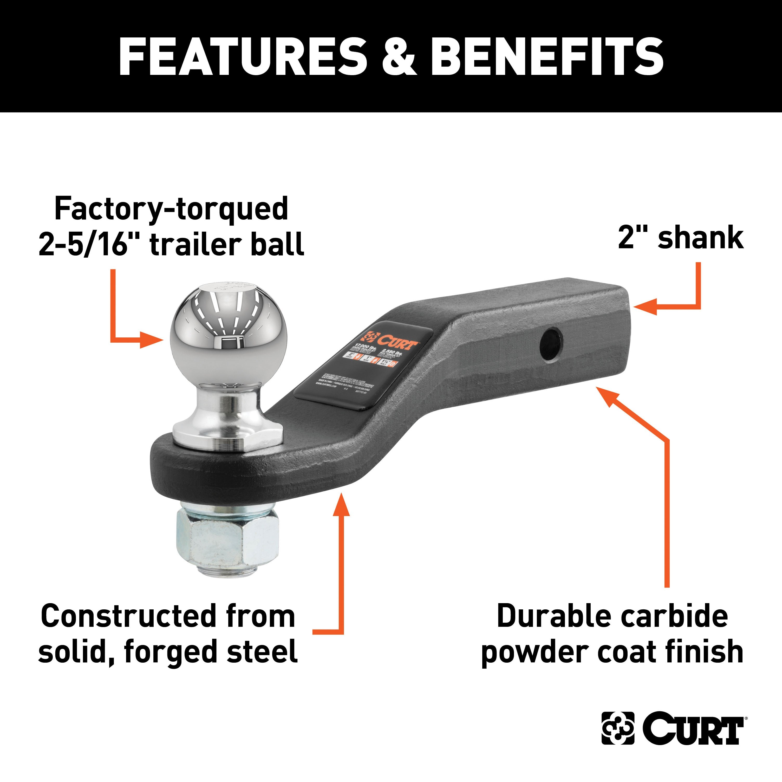 CURT Trailer Hitch Mount with 2-5/16-Inch Ball, Fits 2-Inch Receiver, 15,000 lbs, 2-In Drop Model 45331