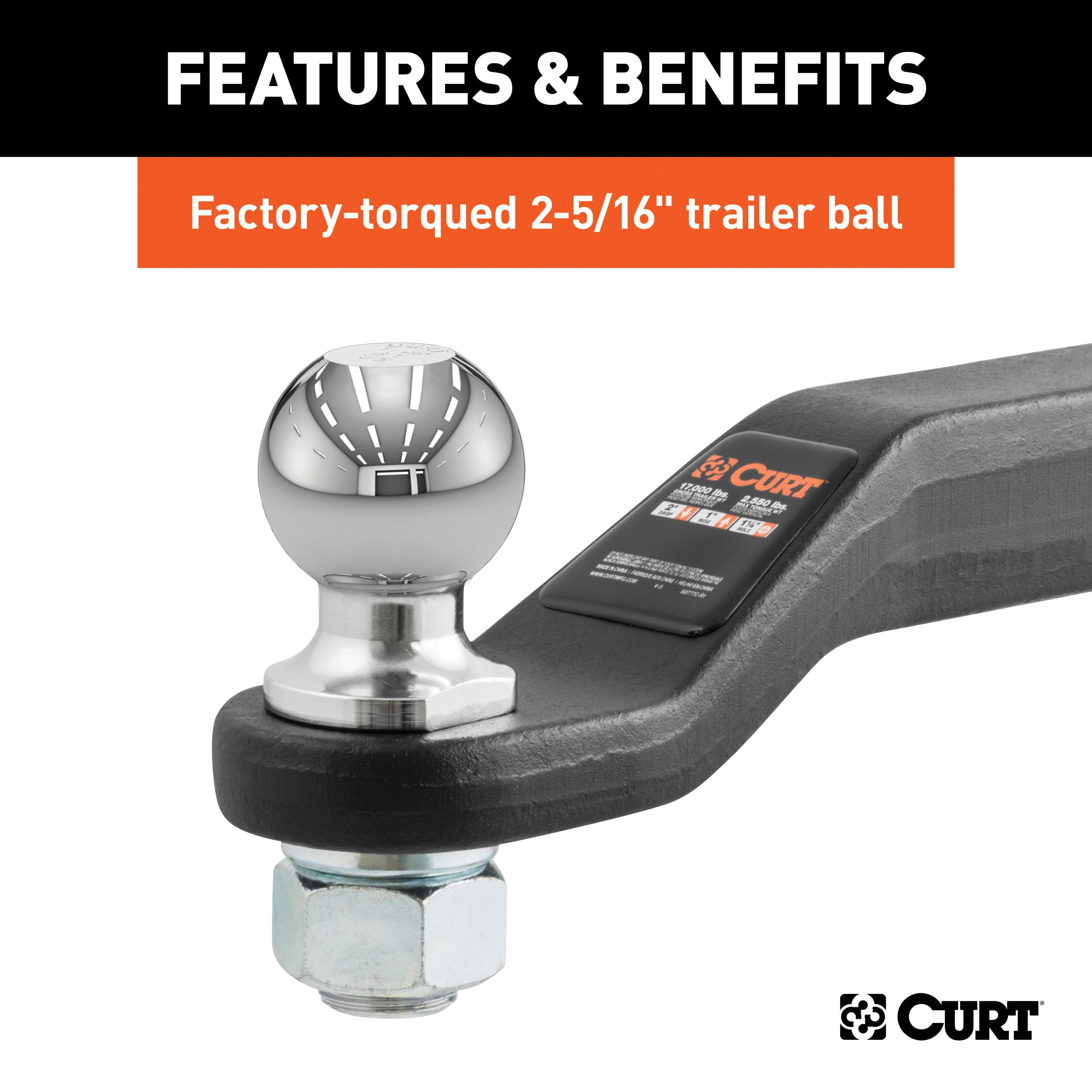 CURT Trailer Hitch Mount with 2-5/16-Inch Ball, Fits 2-Inch Receiver, 15,000 lbs, 2-In Drop Model 45331