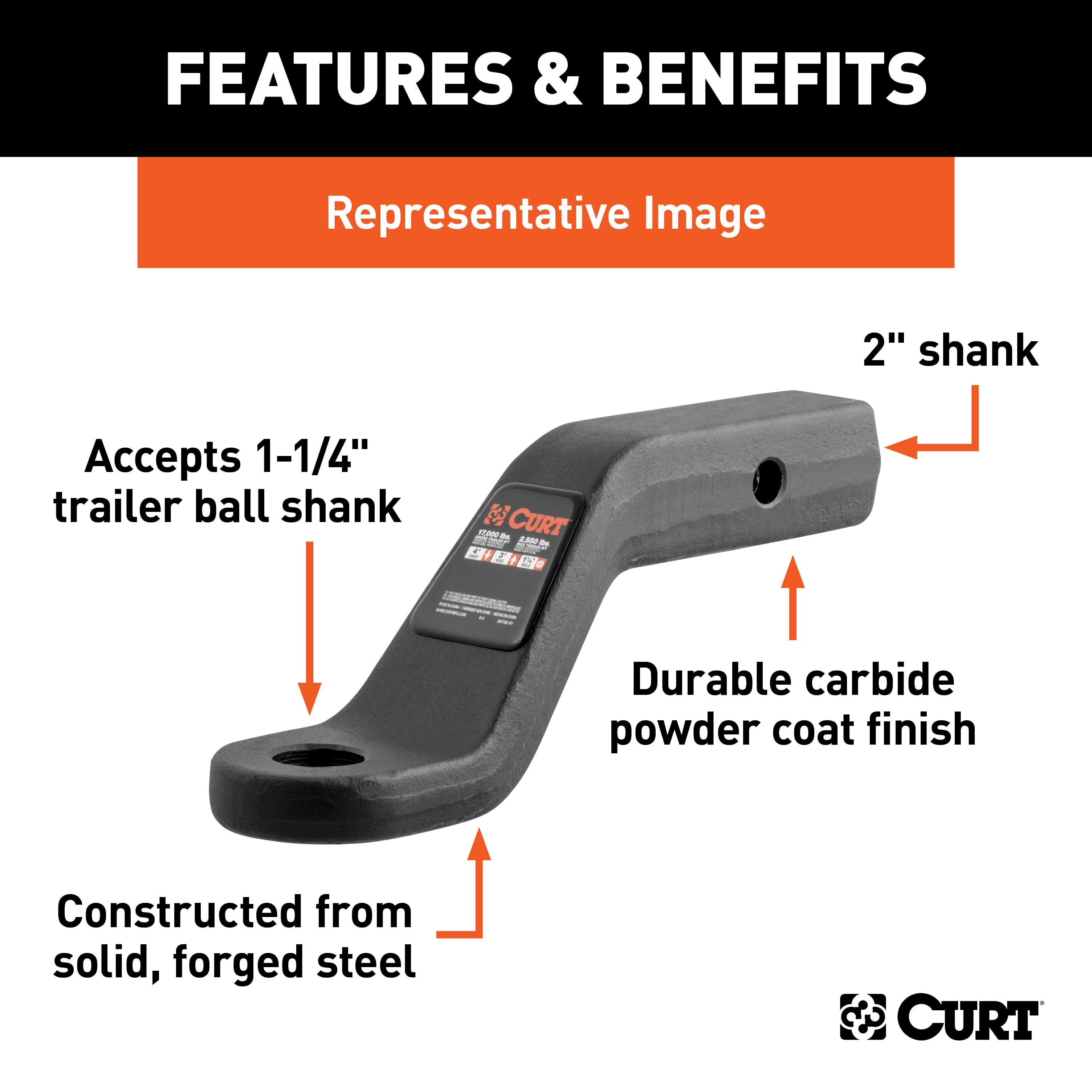 CURT Forged Trailer Hitch Ball Mount, Fits 2-Inch Receiver, 17,000 lbs, 1-1/4-Inch Hole, 4-Inch Drop, 3-Inch Rise Model 45341