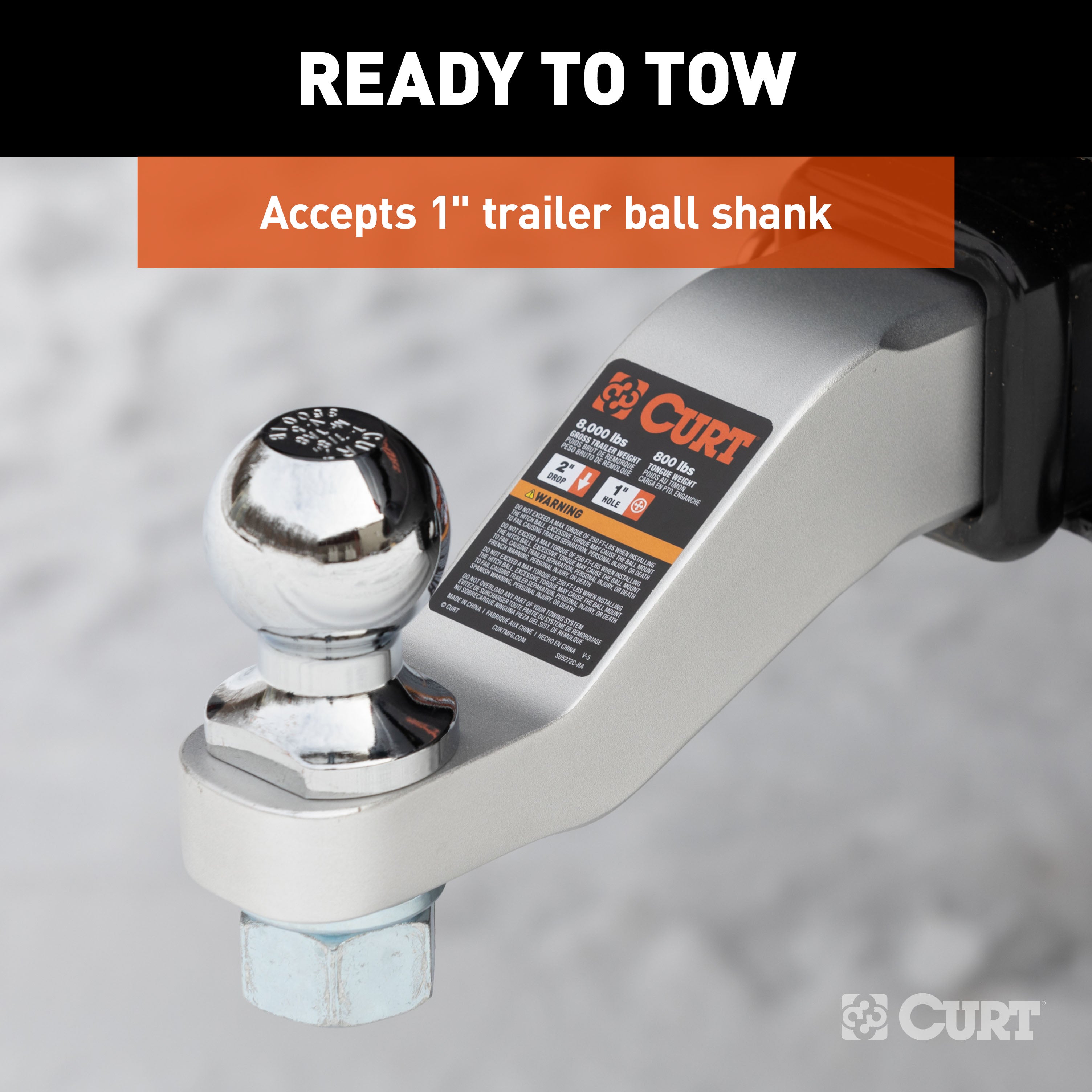CURT Aluminum Trailer Hitch Ball Mount, Fits 2-Inch Receiver, 8,000 lbs, 1-Inch Hole, 2-In Drop, 1-In Rise Model 45360