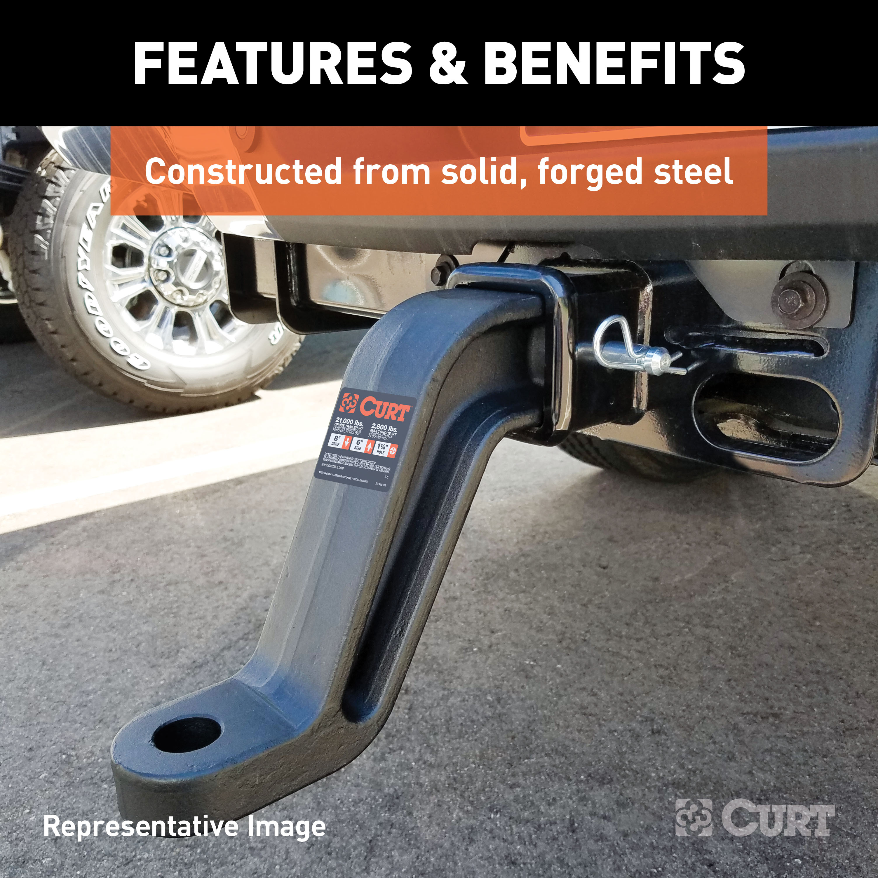 CURT Industrial Duty Forged Trailer Hitch Ball Mount, Fits 3-Inch Receiver, 21,000 lbs, 1-1/4-Inch Hole, 8-Inch Drop, 6-Inch Rise Model 45432