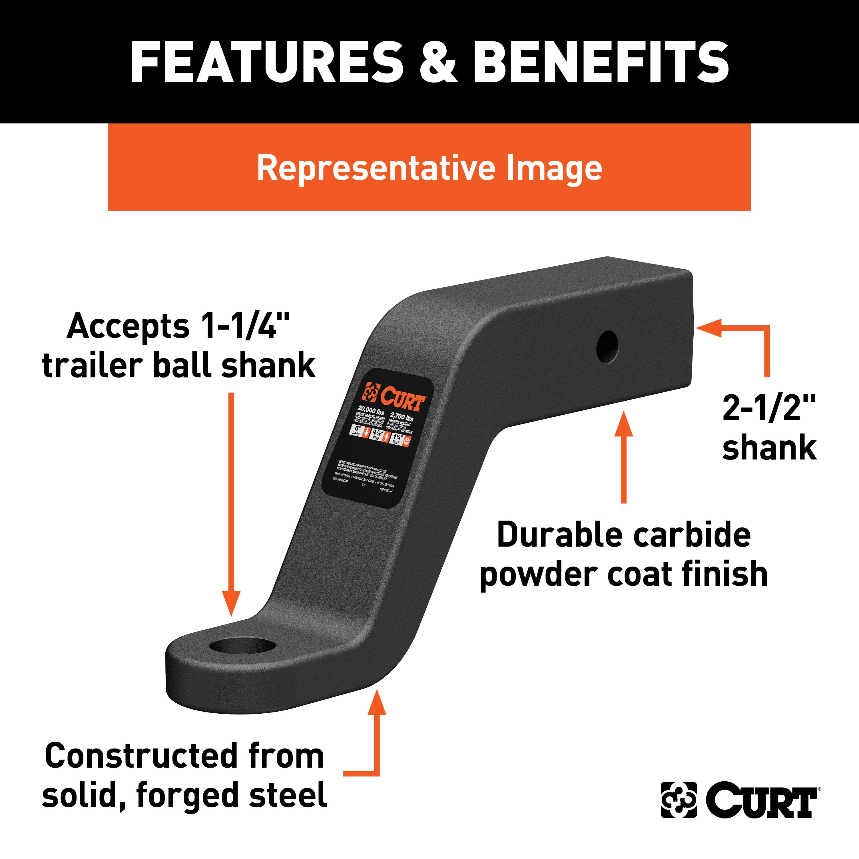 CURT Commercial Duty Forged Trailer Hitch Ball Mount, Fits 2-1/2-Inch Receiver, 20,000 lbs, 1-1/4-Inch Hole, 2-Inch Drop, 1/2-Inch Rise Model 45456