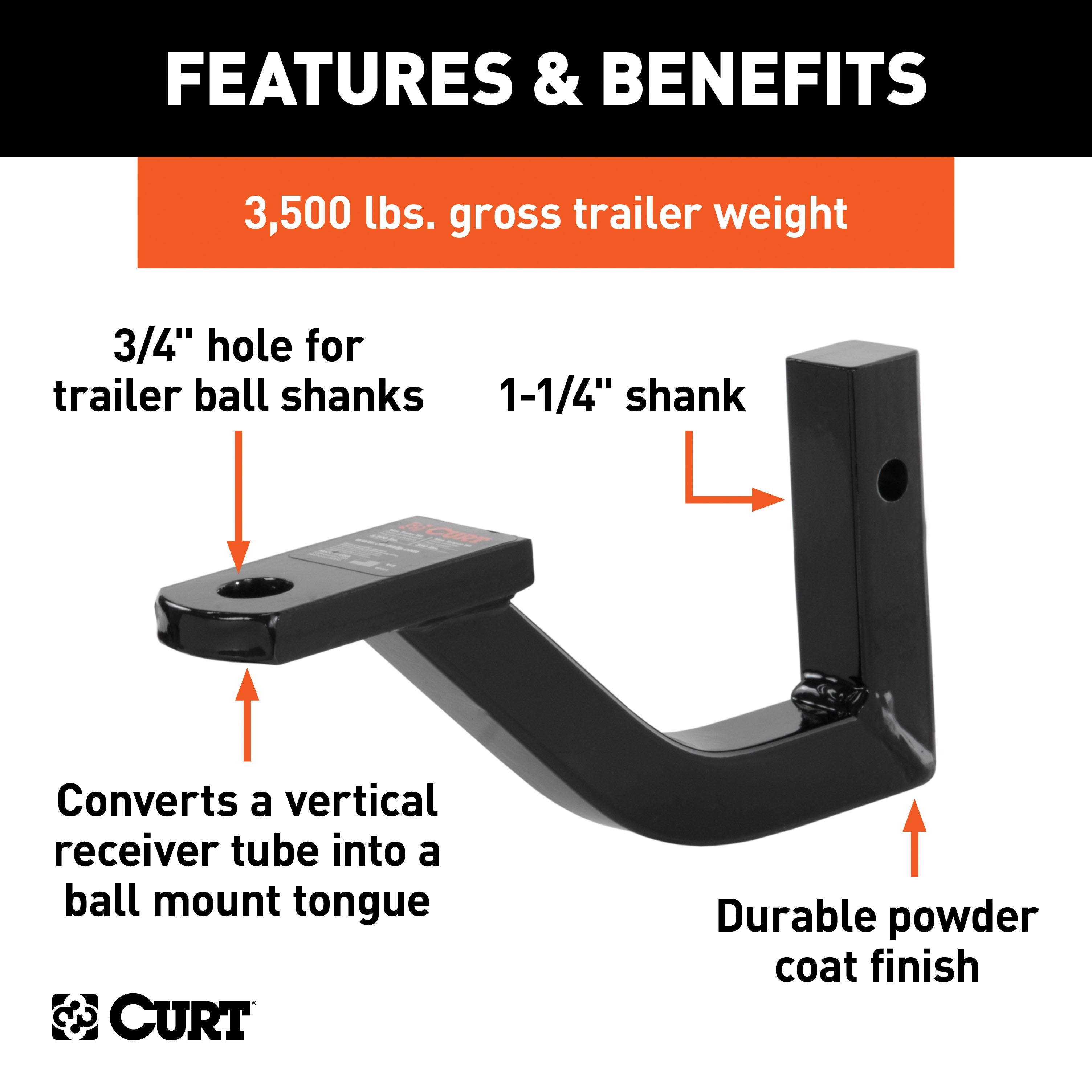 CURT Vertical Trailer Hitch Ball Mount, Fits 1-1/4-Inch Receiver, 3,500 lbs, 3/4-Inch Hole, 2-1/4-Inch Drop Model 45507
