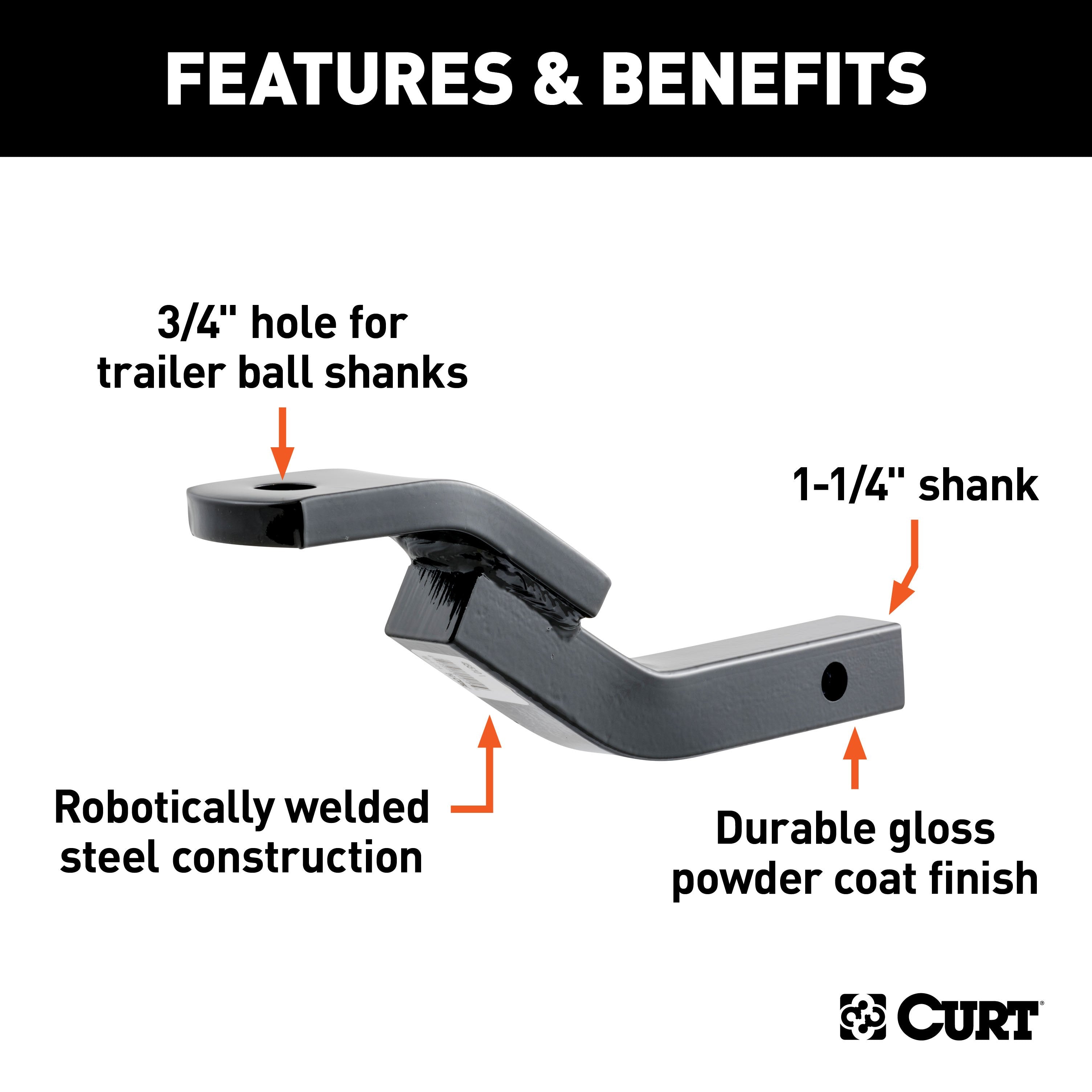 CURT Class 2 Trailer Hitch Ball Mount, Fits 1-1/4-Inch Receiver, 3,500 lbs, 3/4-Inch Hole, 3-1/8-Inch Rise Model 45510